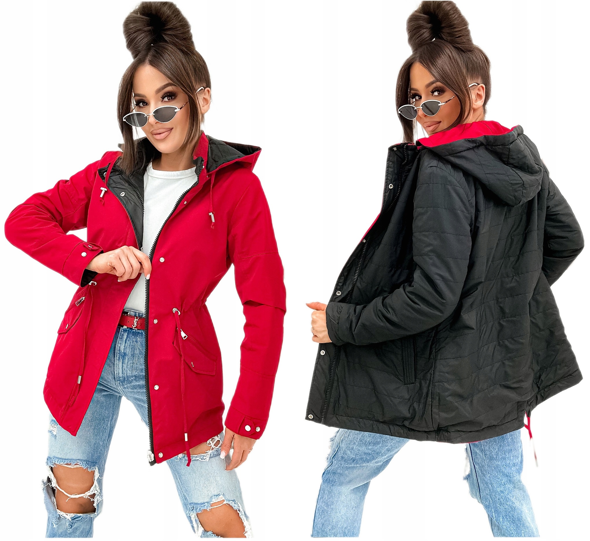 Kurtka Damska Wiosenna Przejsciowa Parka Dwustronna Czerwona W82 Rozmia 3XL