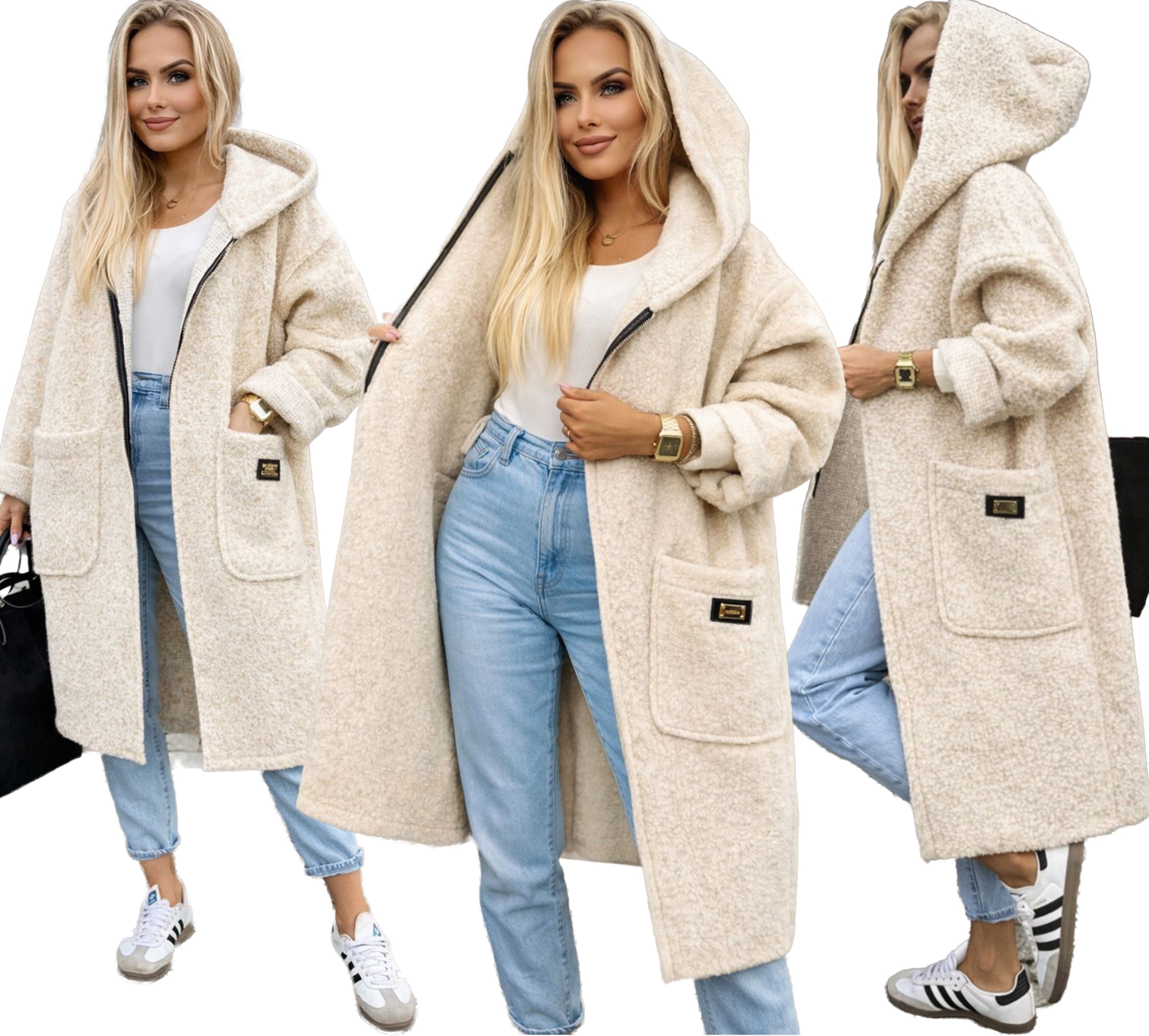 Dlouhý měkoučký Dámský Kabát na zip s kapucí boucle Gerda