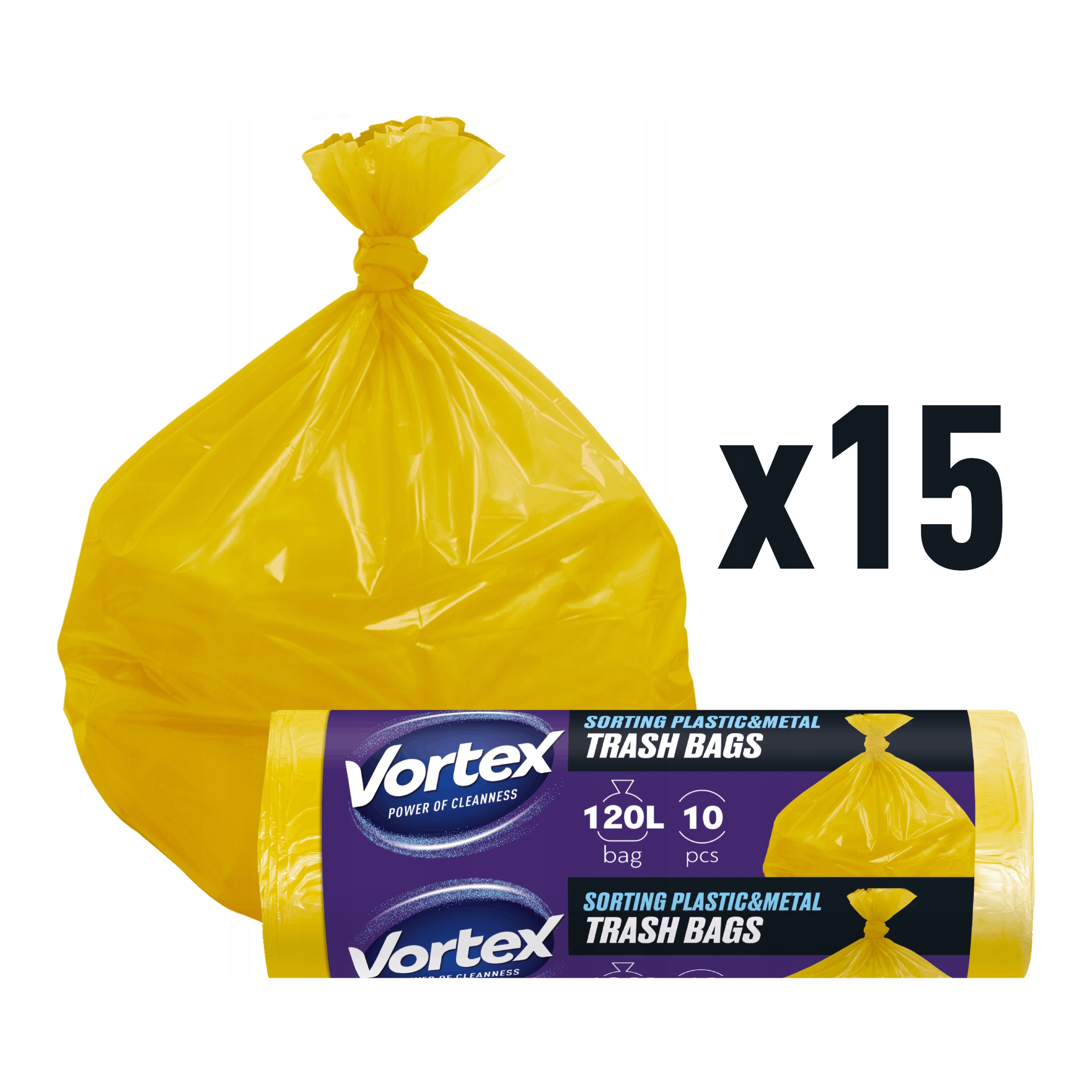 Silné Pytle Na Odpadky 120L Dvouvrstvé Odolné Žluté Vortex 15x10 kusů