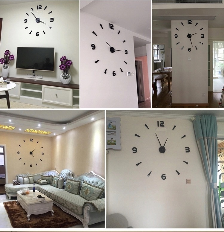 ZEGAR ŚCIENNY DUŻY NAKLEJANY NA ŚCIANĘ 3D CICHY 50-70 cm CZARNY LUSTRZANY Marka inna