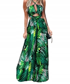 MD zelený dámský letní overal s dlouhými širokými nohavicemi a listy S/36