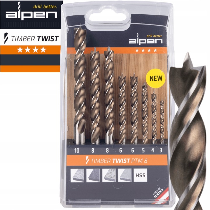 Alpen Zestaw 8 wierteł do drewna Timber Twist 4/5/6/8/10 mm 0067100008100