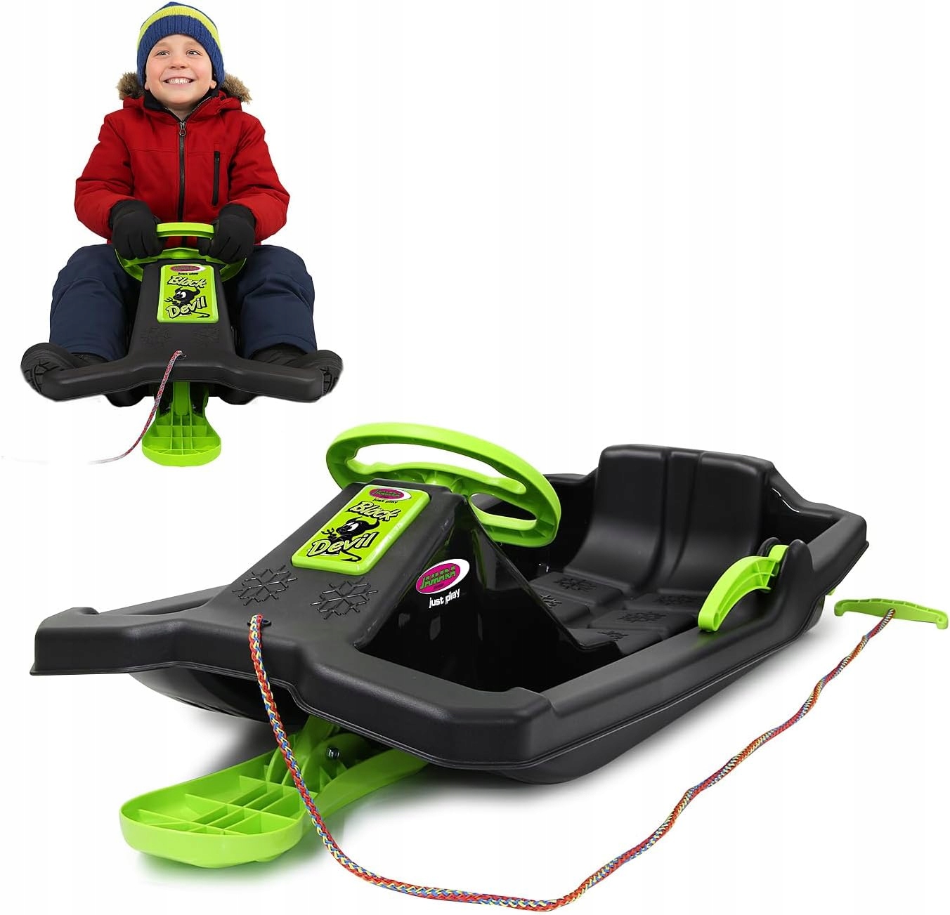 Sáňky s volantem a brzdou, černé Snow Play Bob Black Devil Jamara