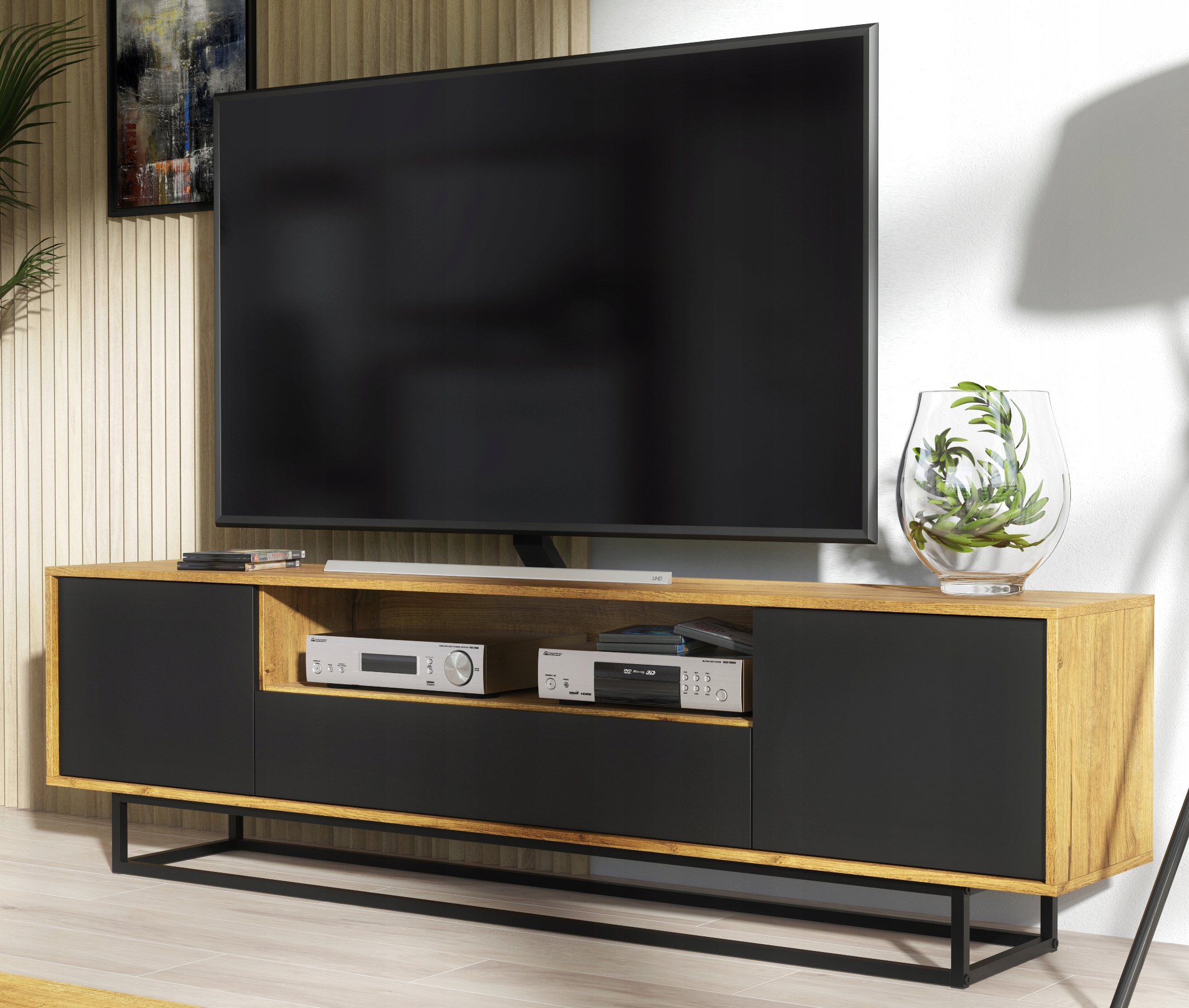 SZAFKA RTV 200 CM WITRYNA KOMODA LOFT DĄB/CZARNY Kolor frontów czarny