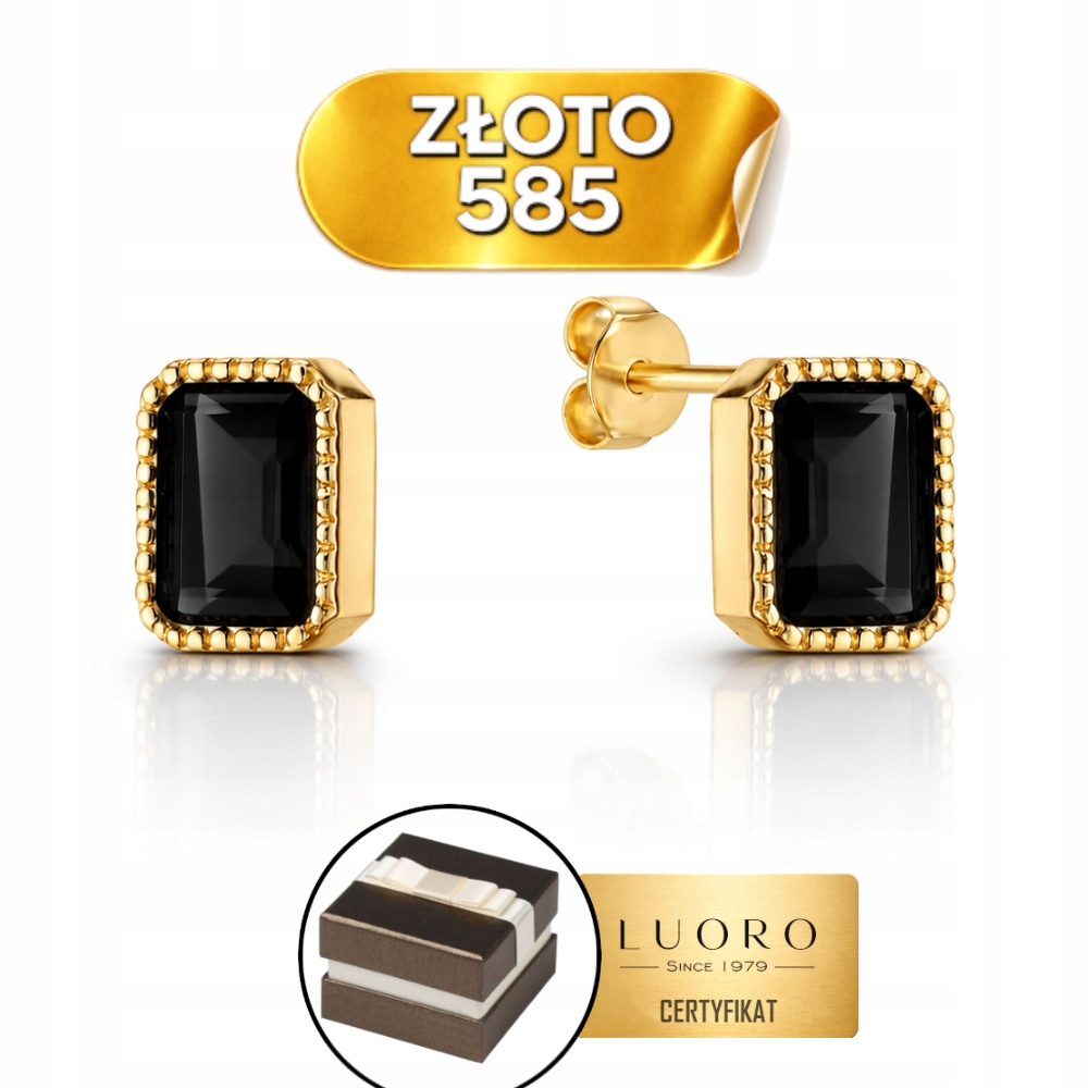 Náušnice Zlaté 585 14K Obdélník S Onyxem Žlutého Zlata 8,2 CM