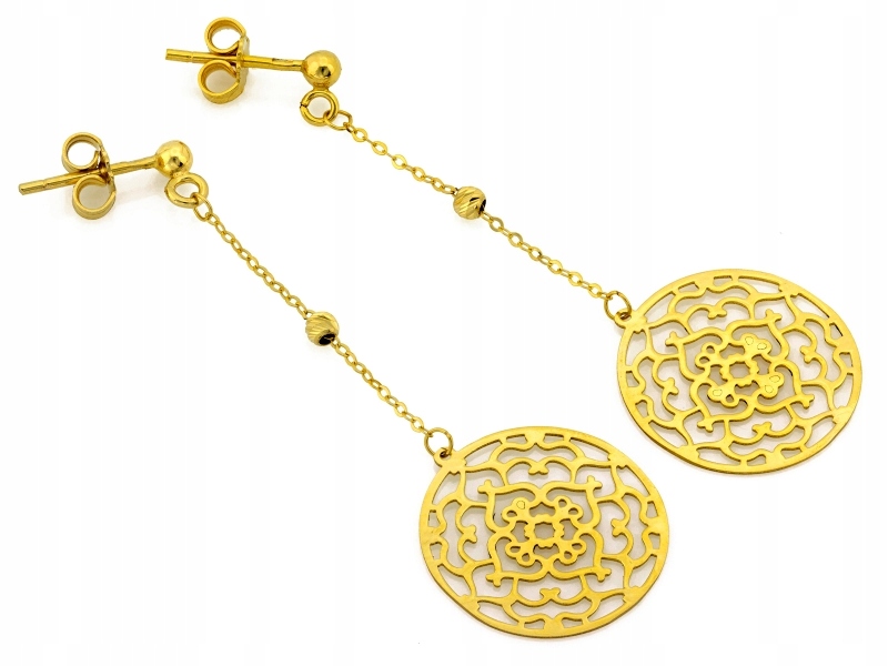 Náušnice zlaté 585 závěsné, ažurové kruhy na řetízku na tyči, efektní