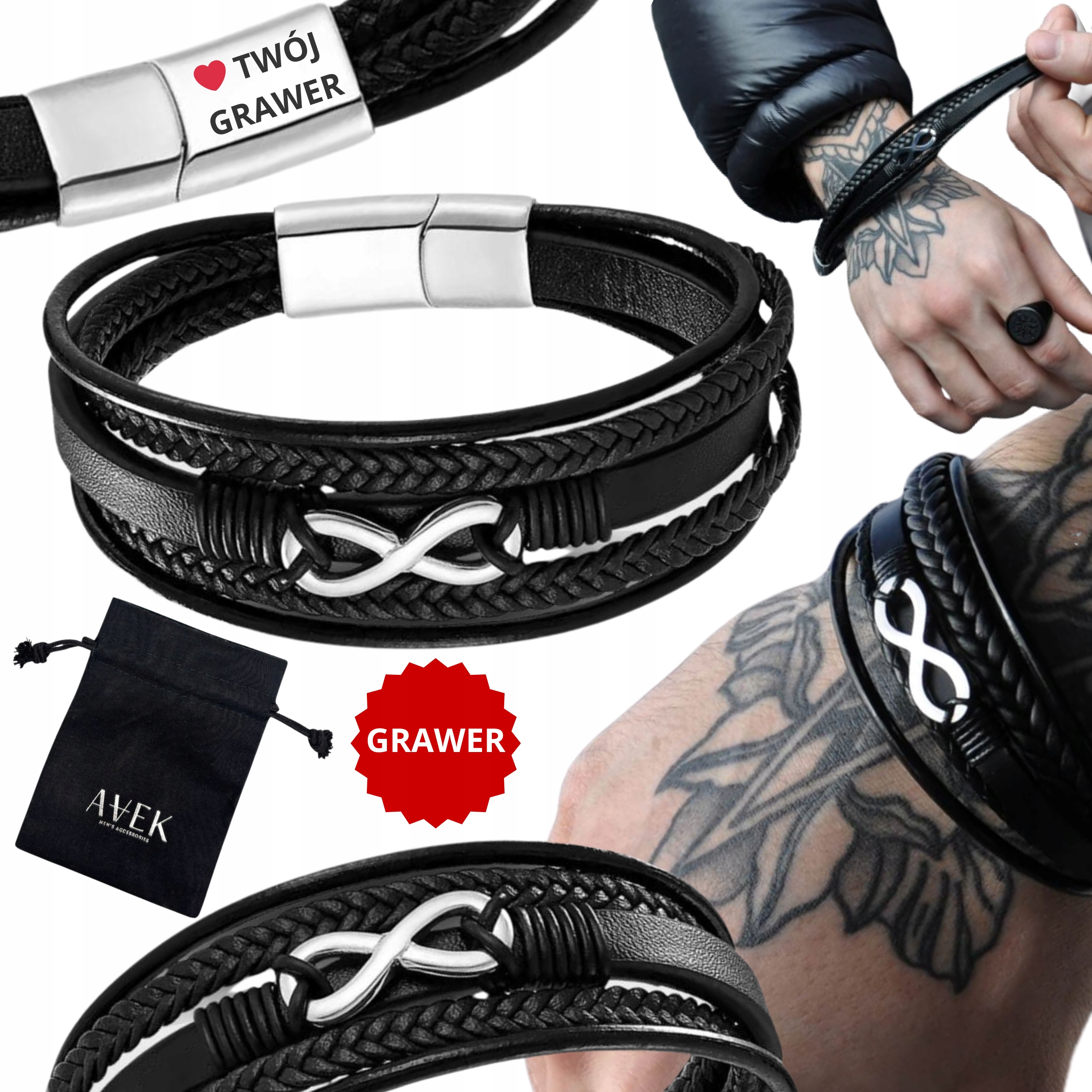 Pánský Náramek S Gravírováním Kožený Černý Gravírování Jako Dárek 23 CM