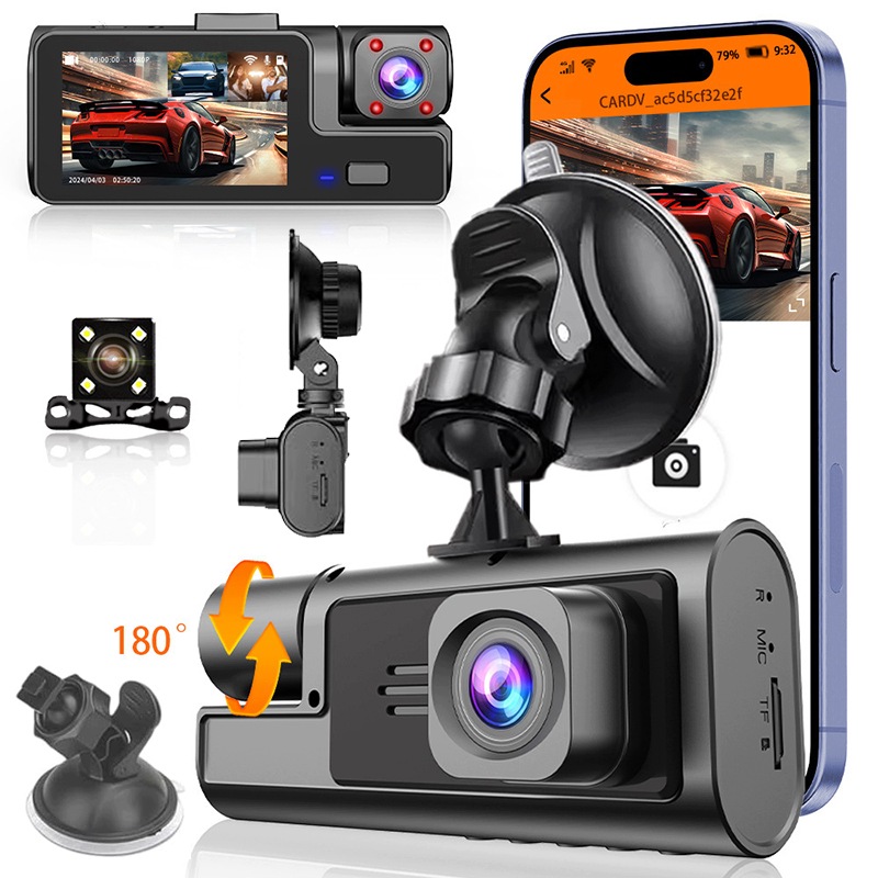 Wideorejestrator Kamera Samochodowa 3w1 Przód Wnętrze Tył WiFi Full Hd