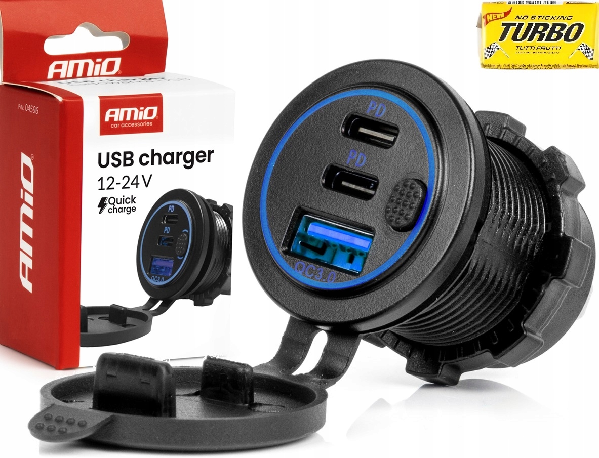 Ładowarka do auta 12V 24V pod zabudowe gniazdo Usb włącznikiem Usb Usb-c