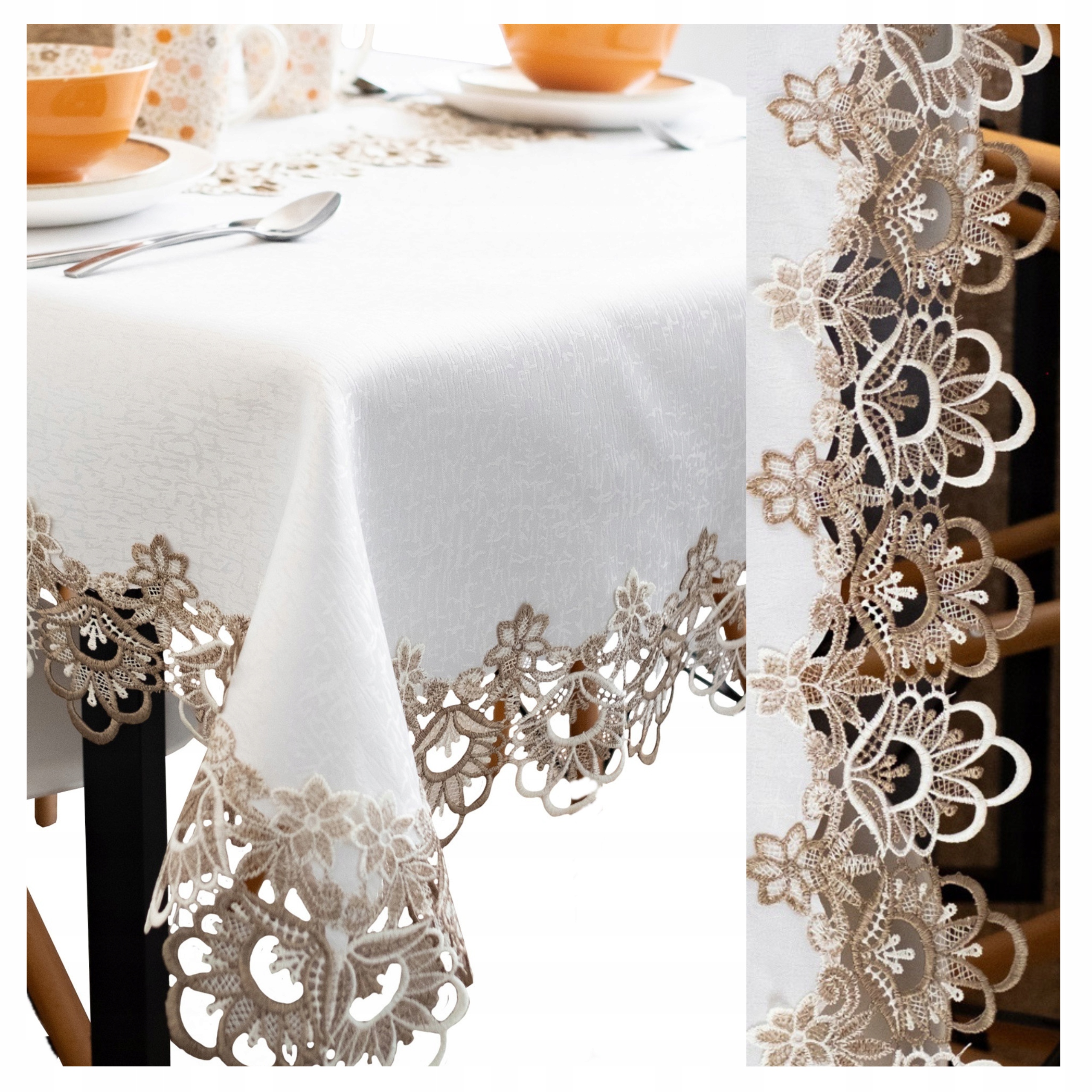 Obrus na stół Gipiurowy dekoracyjny 150x260 Biały Brązowy prostokątny duży