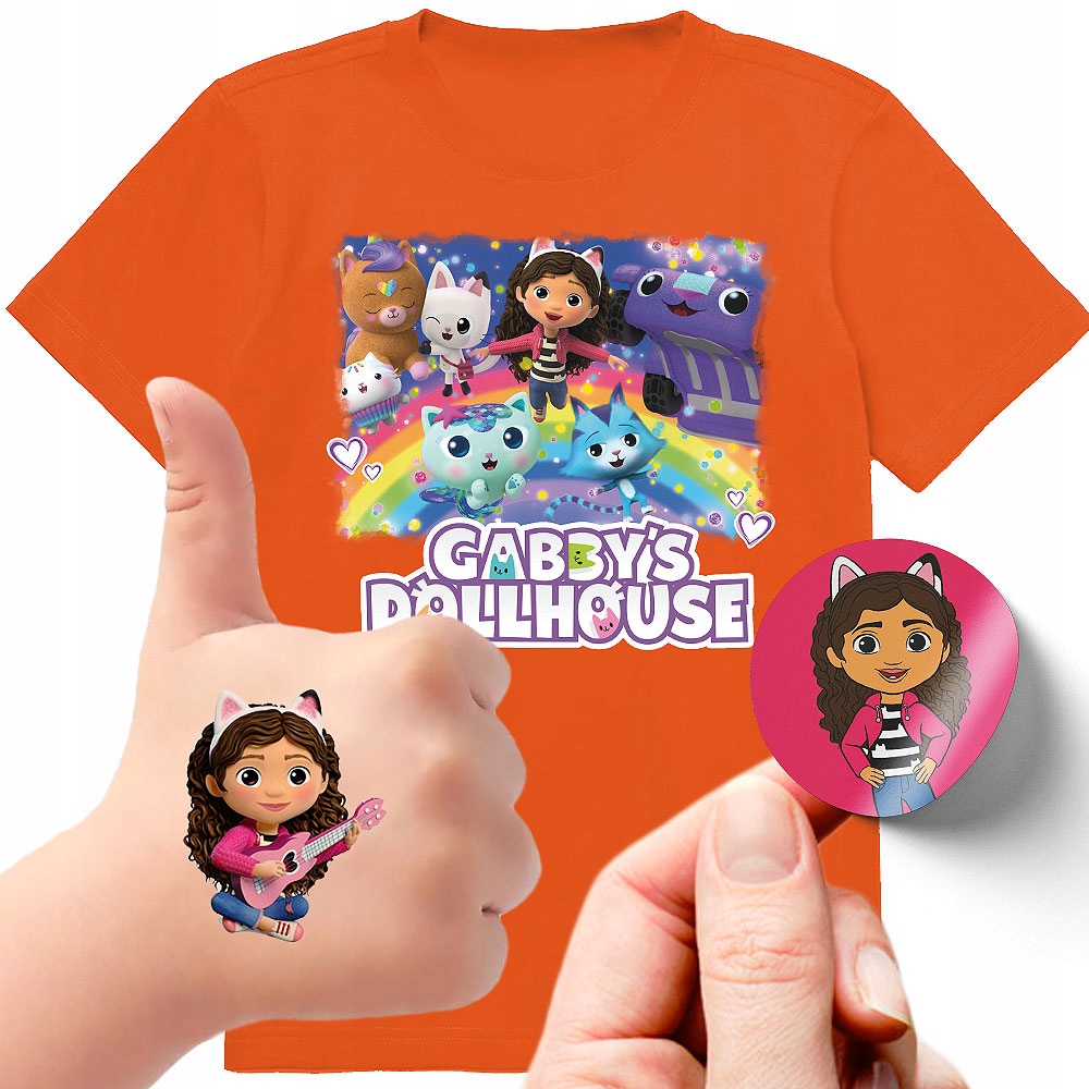 ZESTAW 3W1 KOSZULKA DLA DZIECI TATUAŻE NAKLEJKI KOCI DOMEK GABI 128 JAKOŚĆ