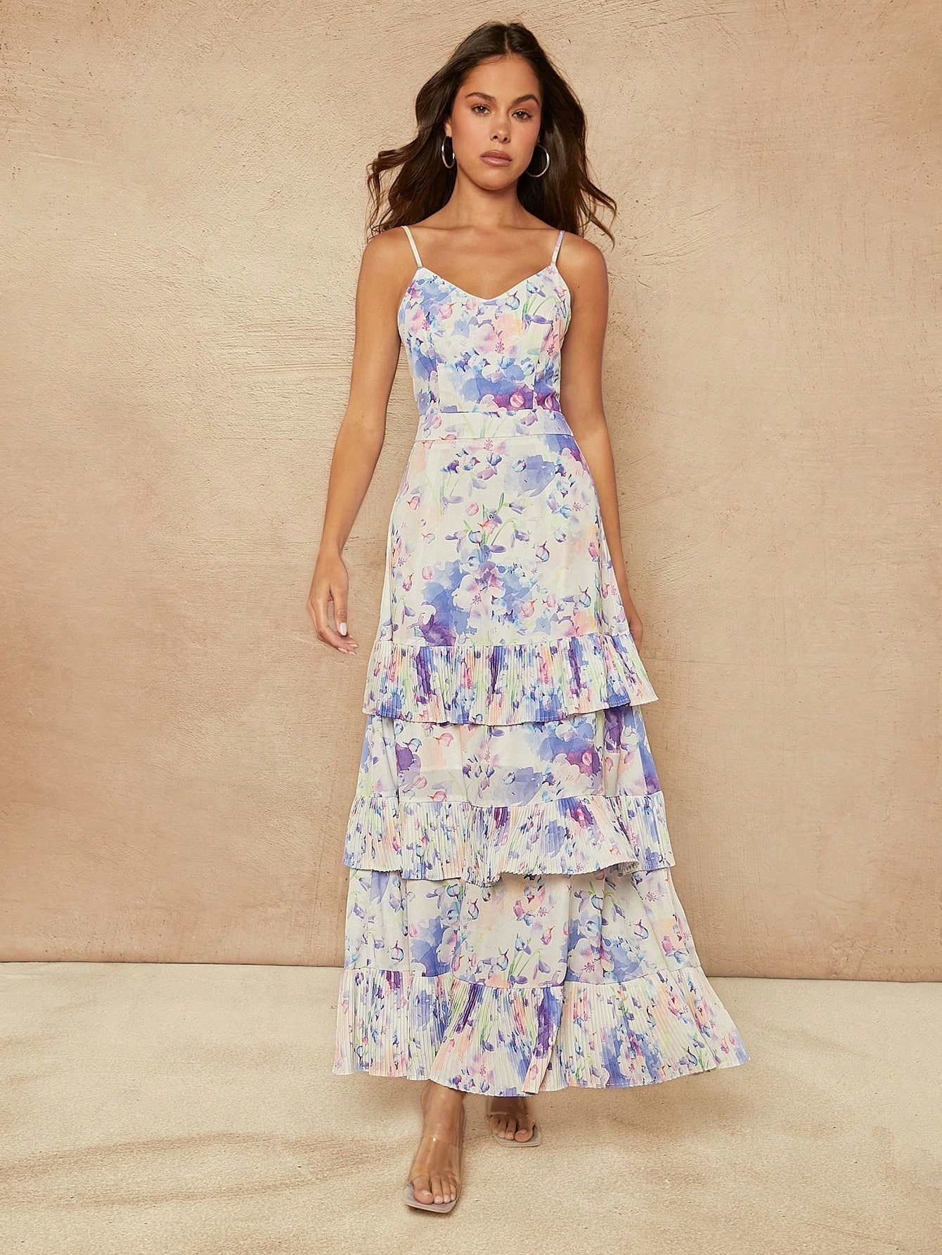 Šaty Maxi Vrstvená Plisovaná Na Ramínkách S Květinami Shein, Velikost 36