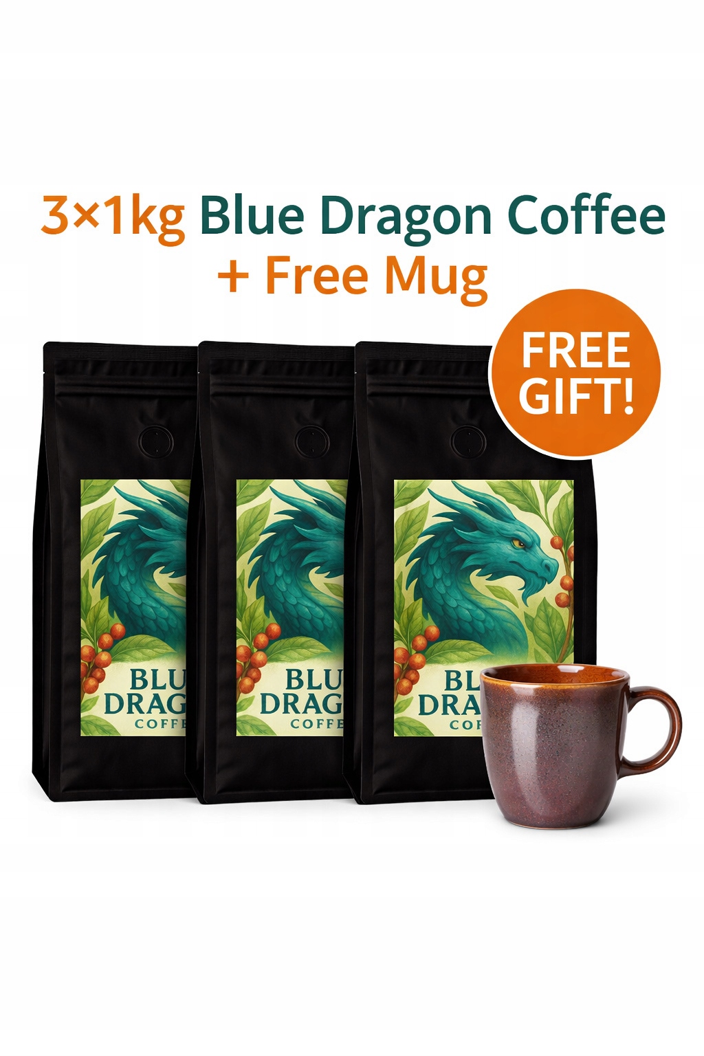 Vietnam Blue Dragon 3×1 kg – silná káva 100 % Robusta hrnek jako dárek