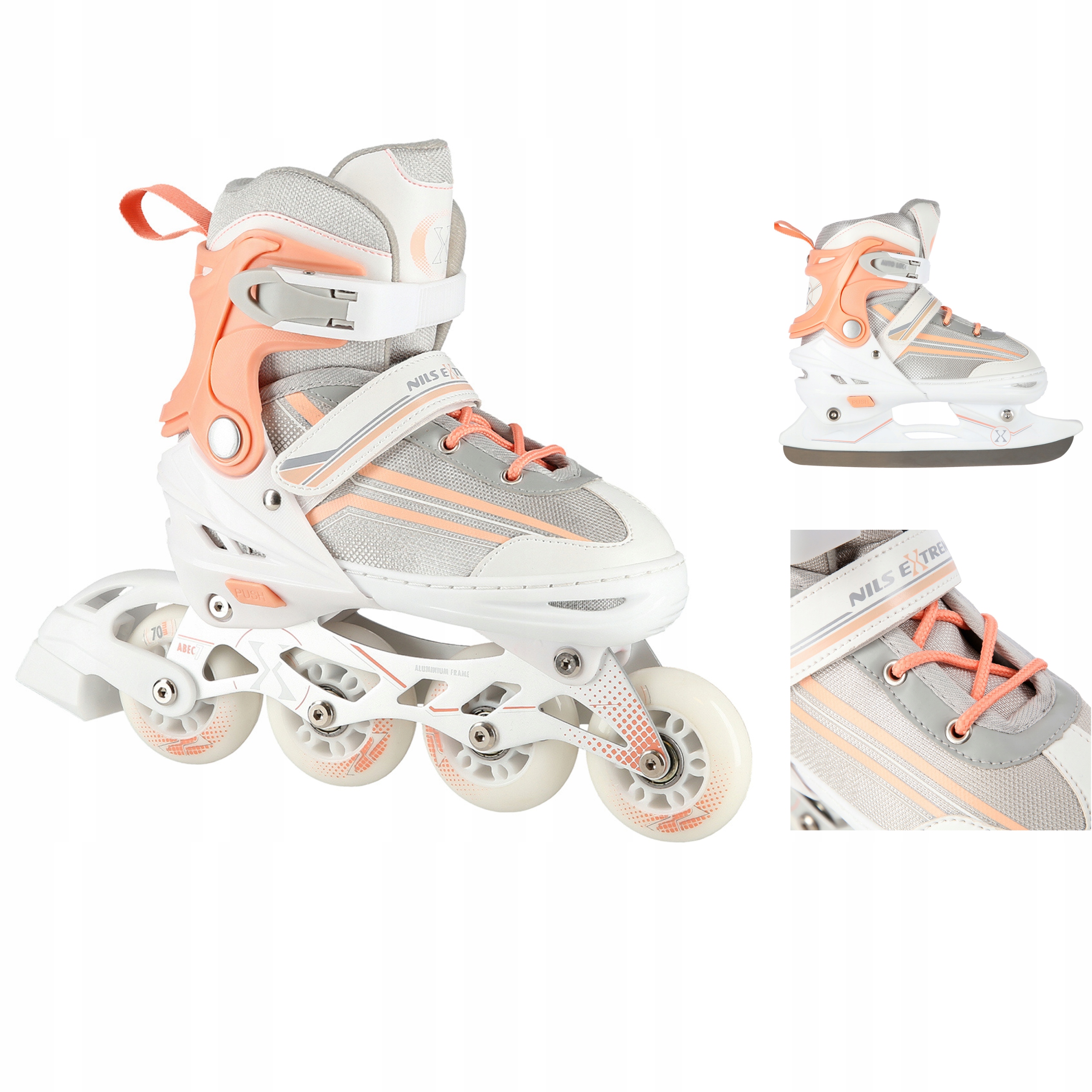 Kolečkové Brusle 2v1 nastavitelné S 29-33 bílo růžové ocelová lyžina Nils Extreme