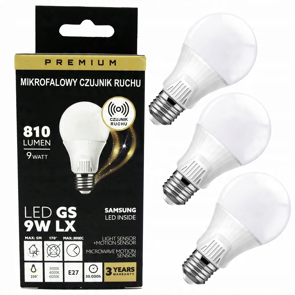

3x Żarówka Led 9W Czujnik Ruchu Zmierzchu Ciepła