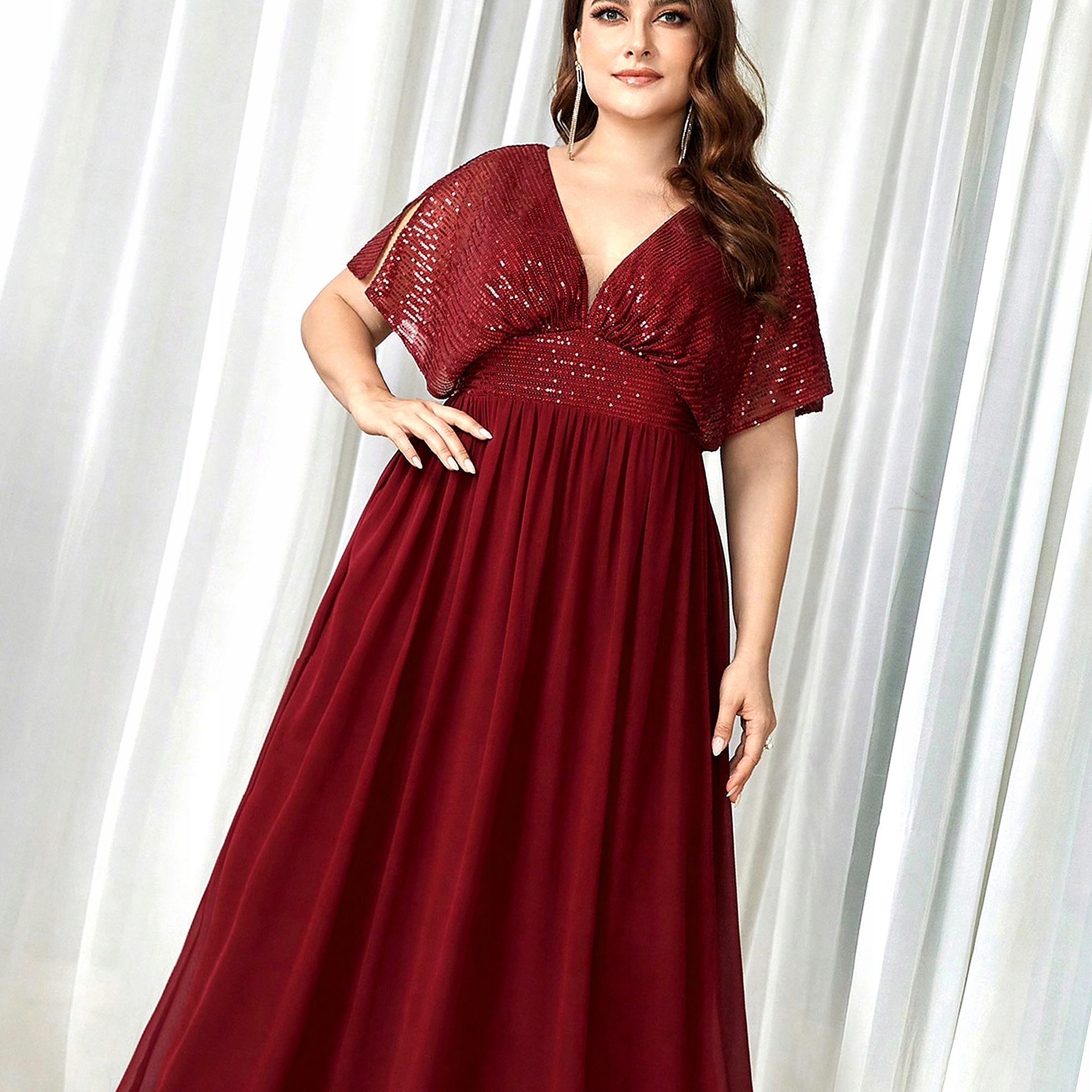 Šaty s výstřihem do V a flitry, dlouhá, dámská, velikost A, velikost XXL 44