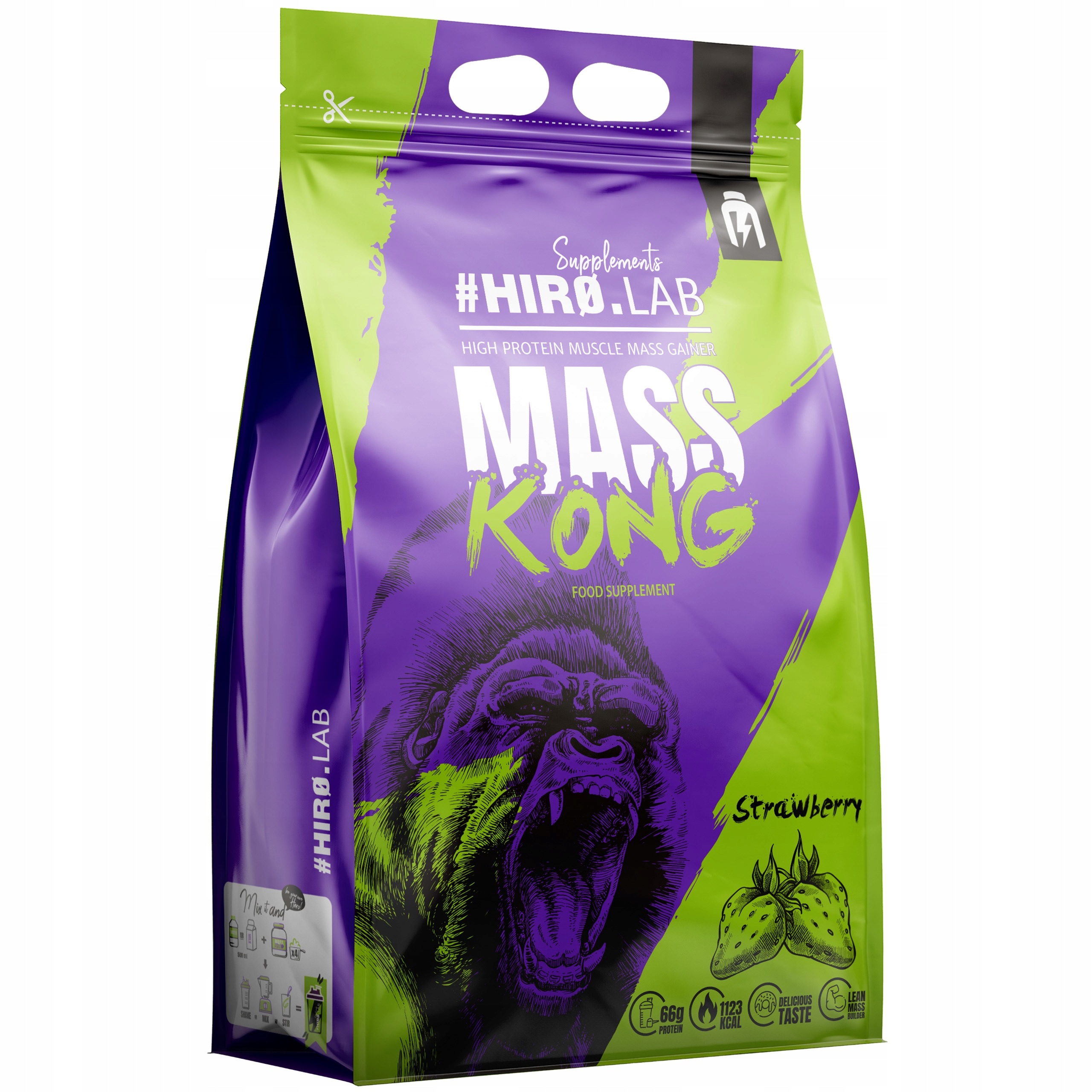 Gainer Hiro.lab Mass Kong 3kg Jahoda Svalová hmota Bílkoviny Doplněk Stravy