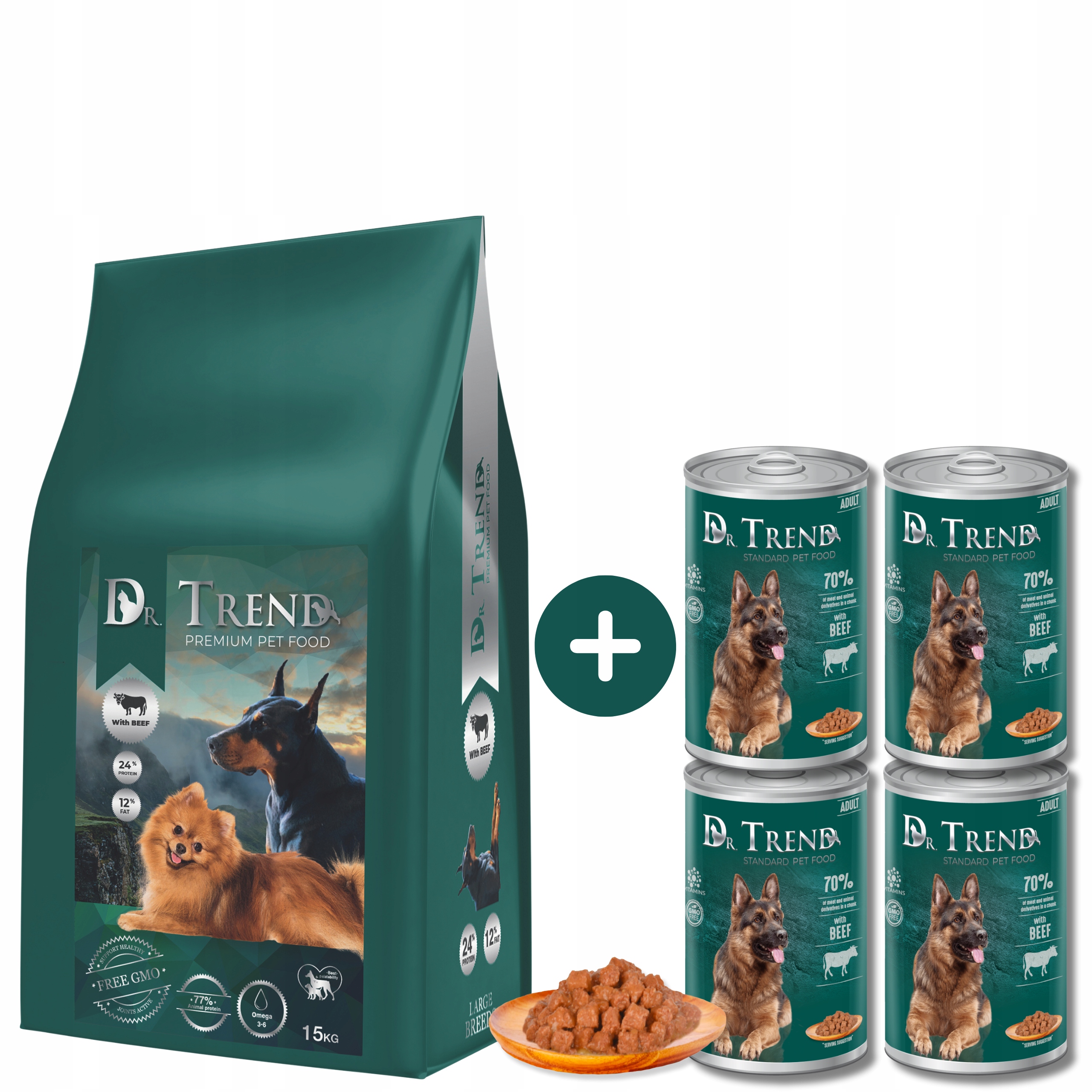 Levně Dr.trend Premium suché krmivo pro psy velkých plemen 15 kg 4 Plechovky Bonus