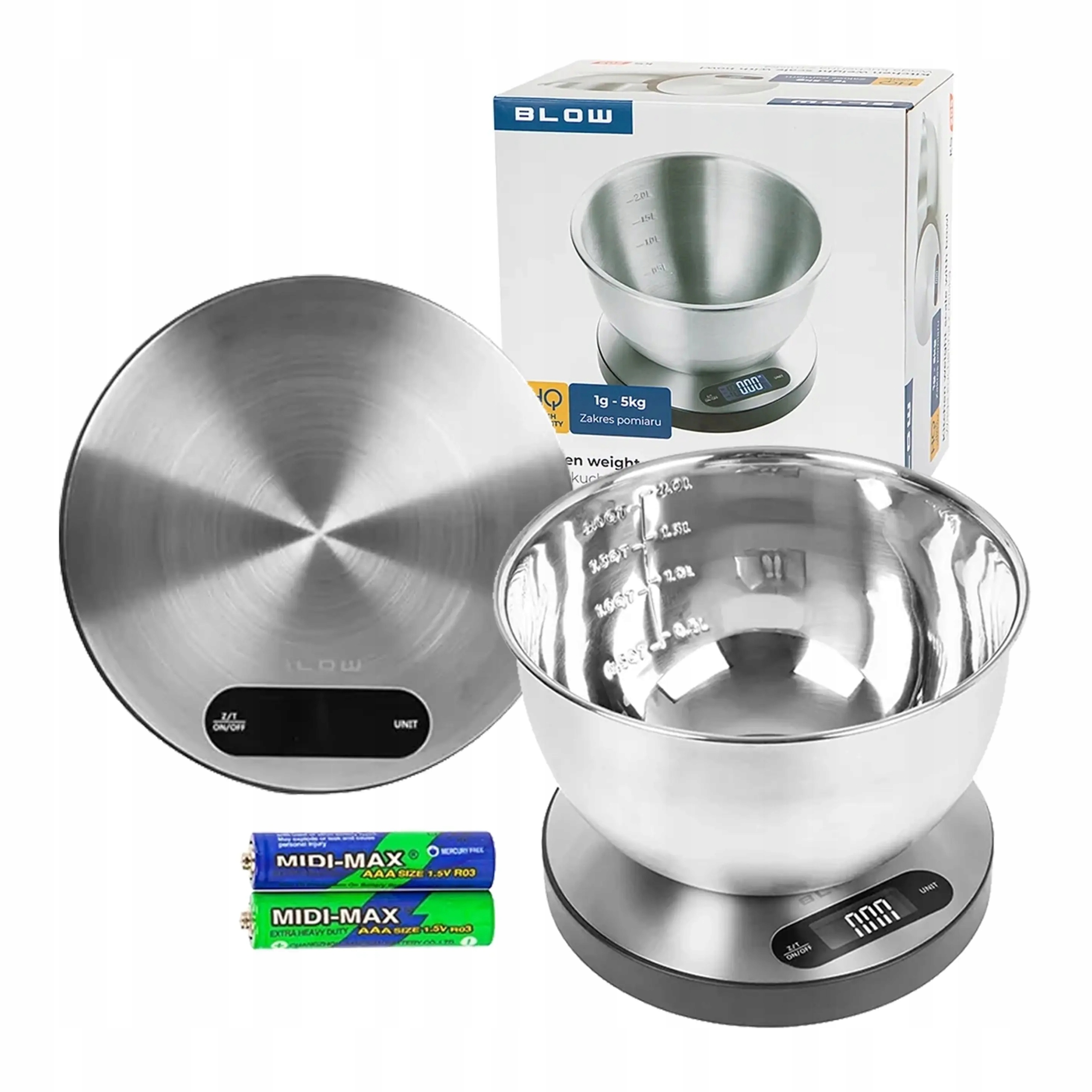 Elektroniczna Waga Kuchenna 1g 5kg Z Metalową Misą 2L LCD Baterie