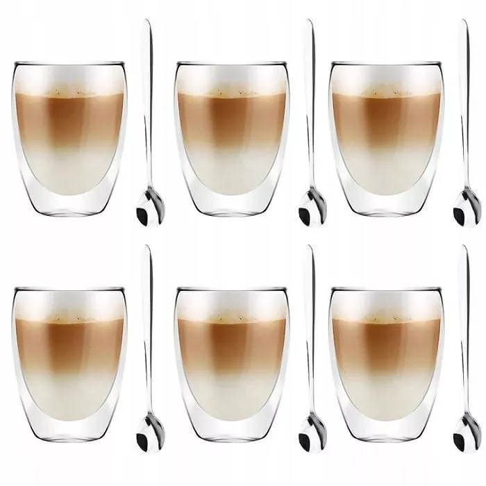 Sada 6 termosklenic na kávu 250 ml Malachit s lžičkami na latte