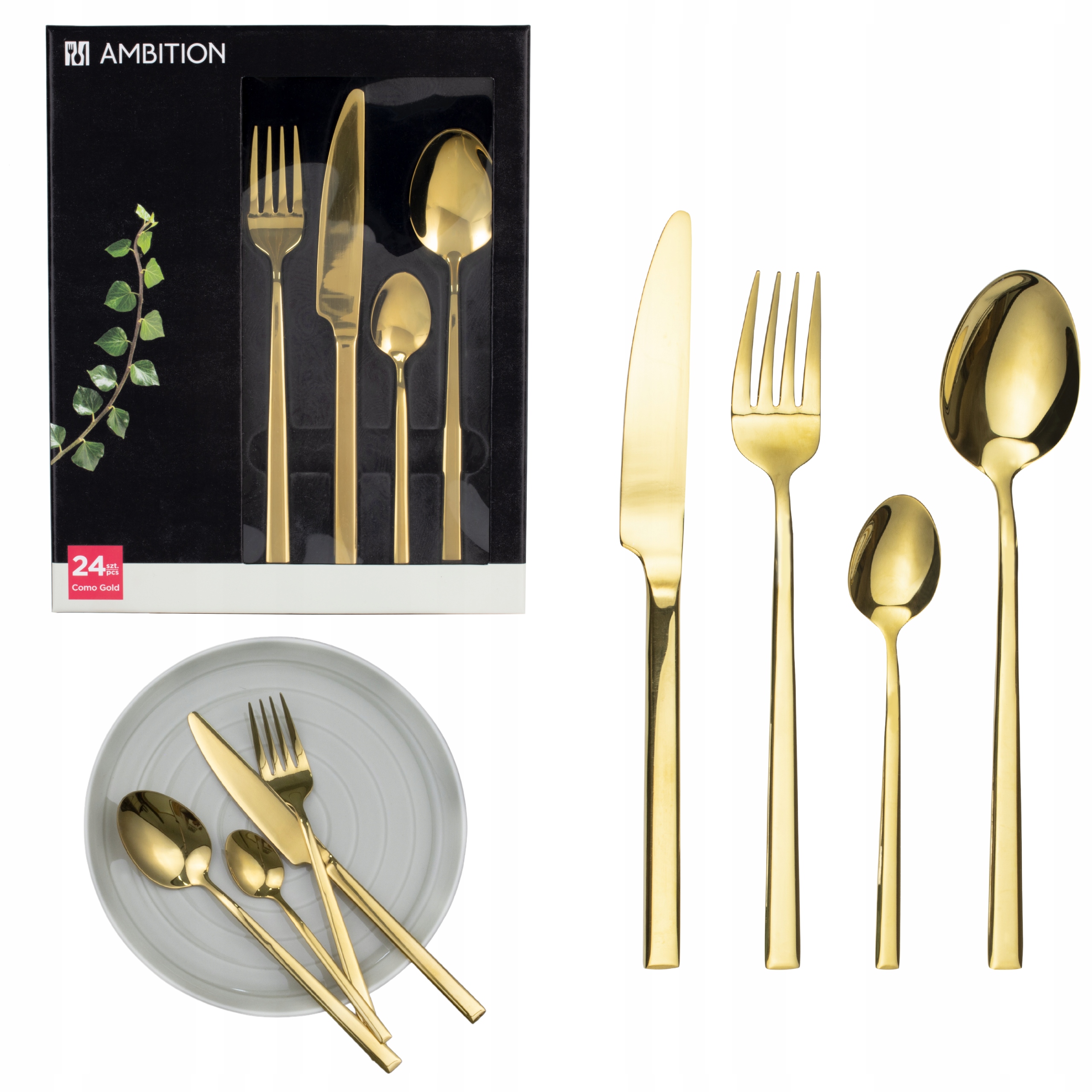 SZTUĆCE DLA 6 OSÓB ZŁOTE ELEGANCKIE ZESTAW KOMPLET AMBITION WIDELEC ŁYŻKA