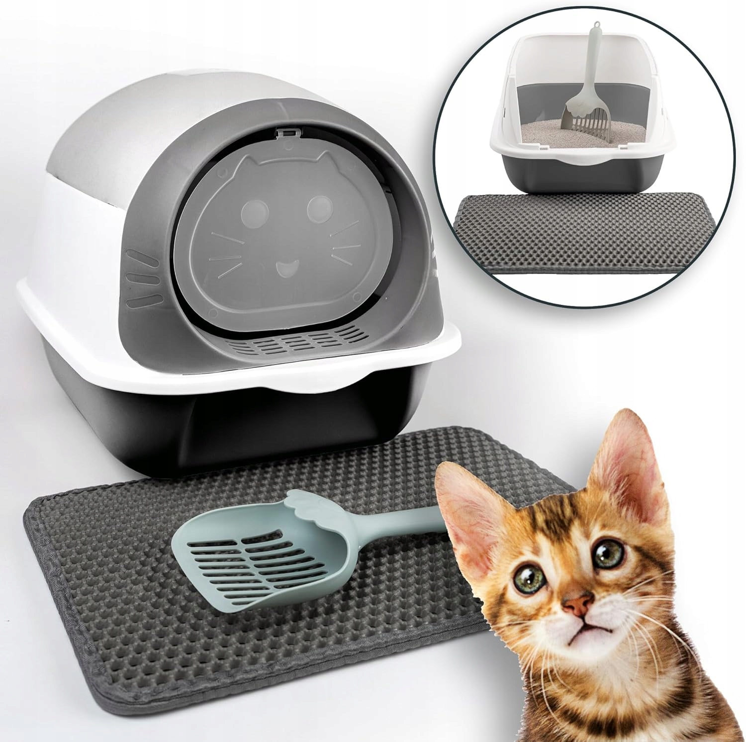 Linuma krytá kočičí toaleta pro kočky šedá s víkem, podložkou a lopatkou