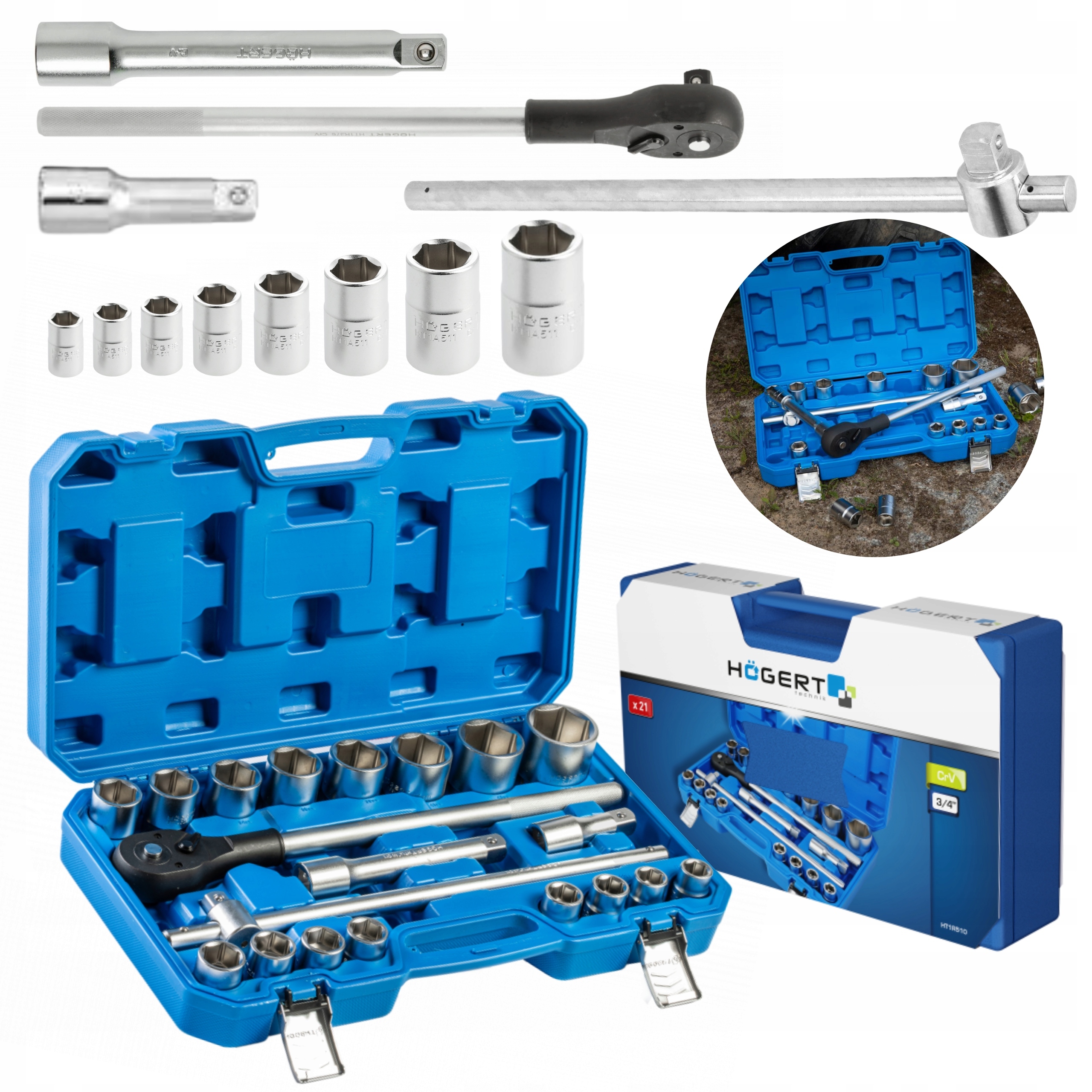 Hoegert Sada Kľúčov Sada Náradia 21 Ks 3/4 Račňa Kufor T1R510
