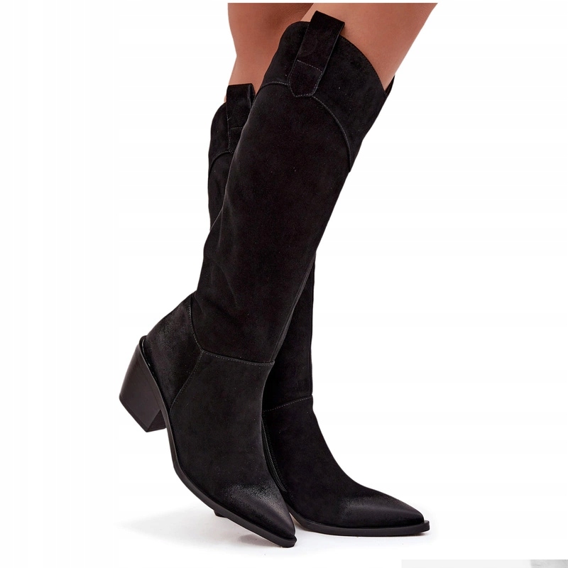 Kozačky Kovbojské Boty Z Přírodního Semiše, Podpatek Zateplený 57C0232 Černé 36