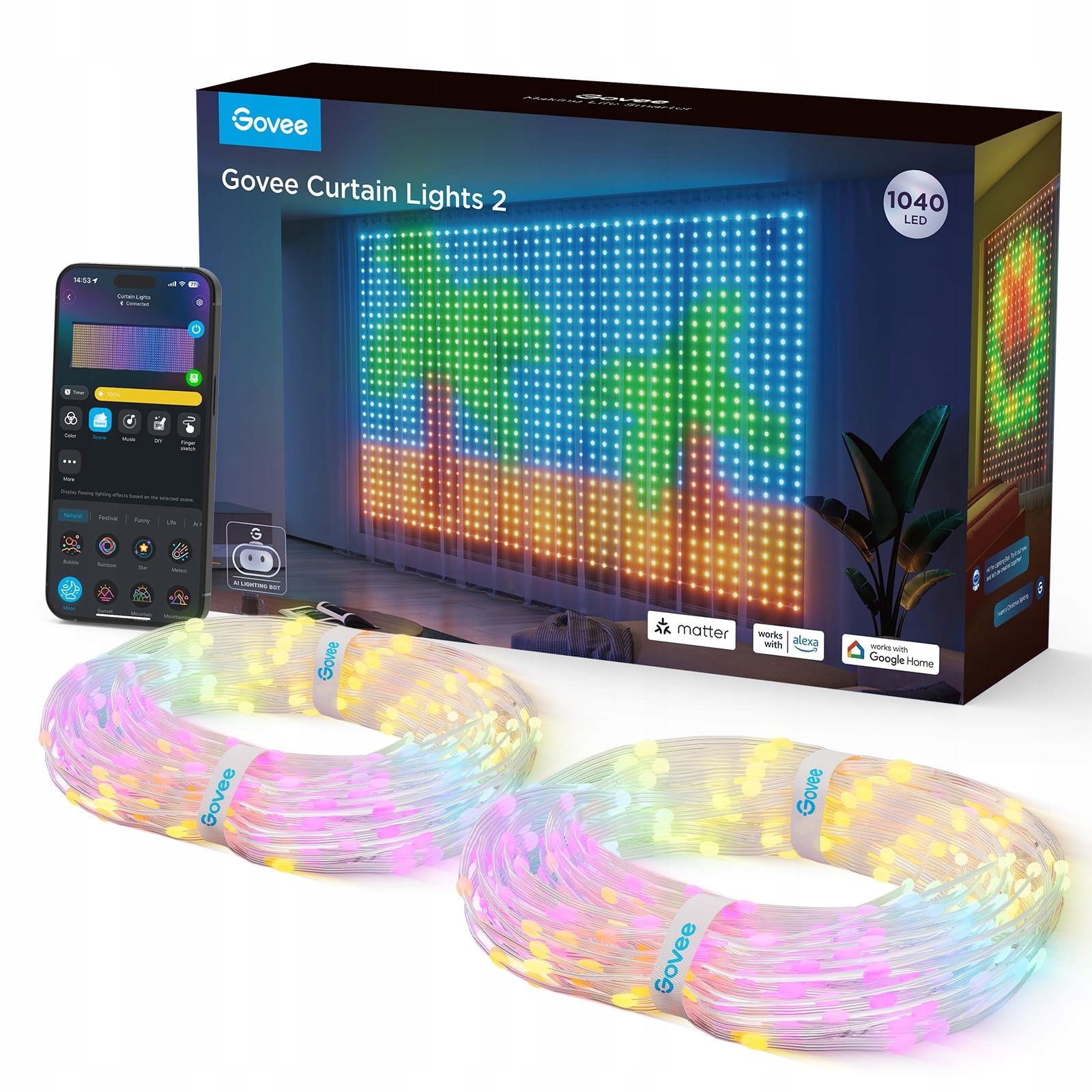 KIMUWOTE Kurtyna Świetlna 2x2m 200 LED Wodoodporna USB Ciepła Biała — miniatura 8