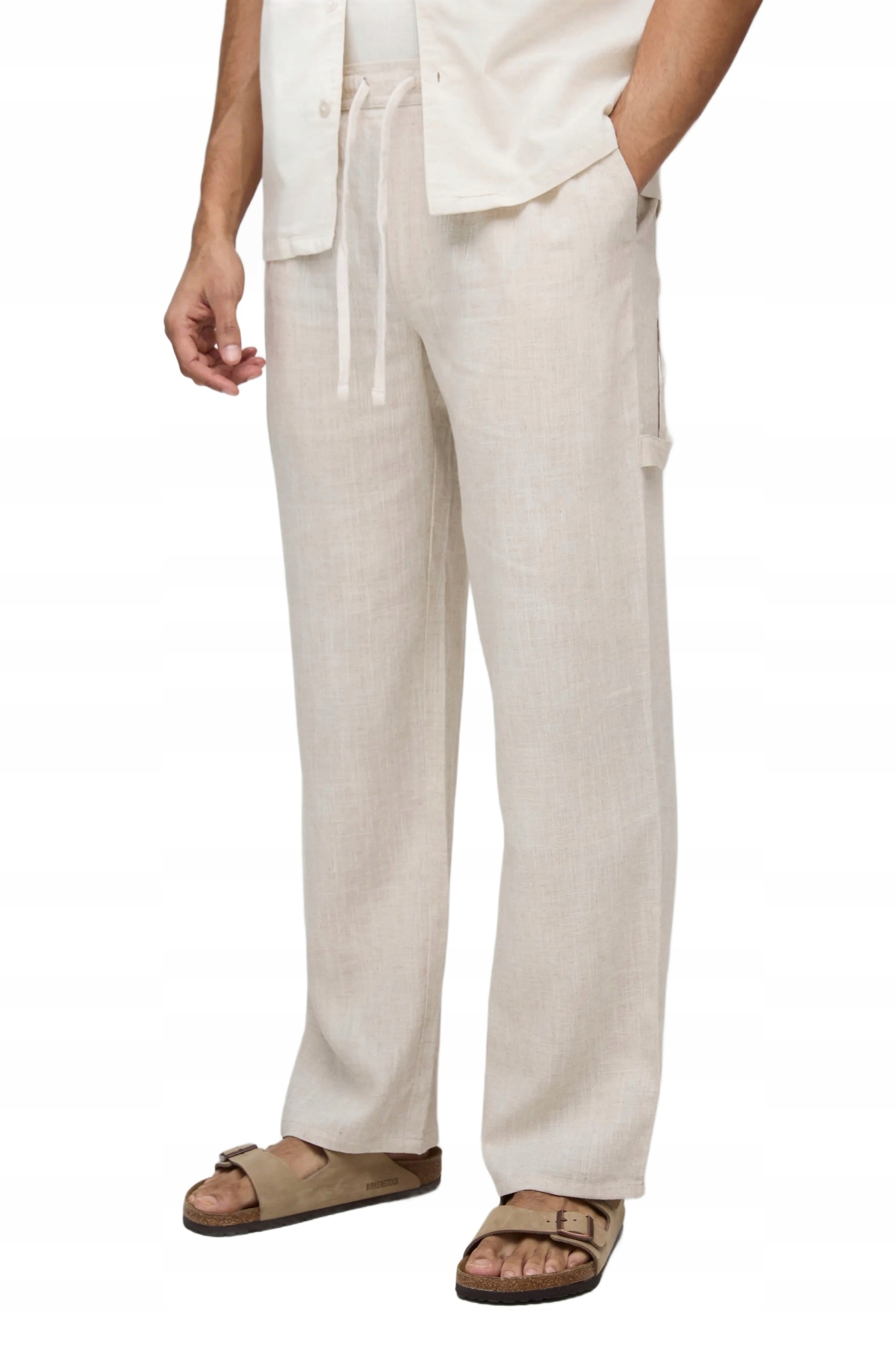 Boohooman Elegantní Pánské Kalhoty Len Viskóza Béžová S Páskem M Z3A