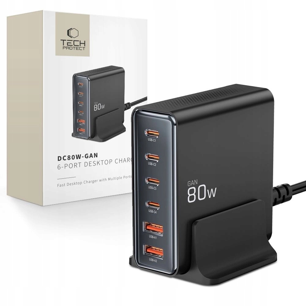 Nabíjecí stanice Tech-protect DC80W-GAN 6-PORT PD80W/QC3.0 černá