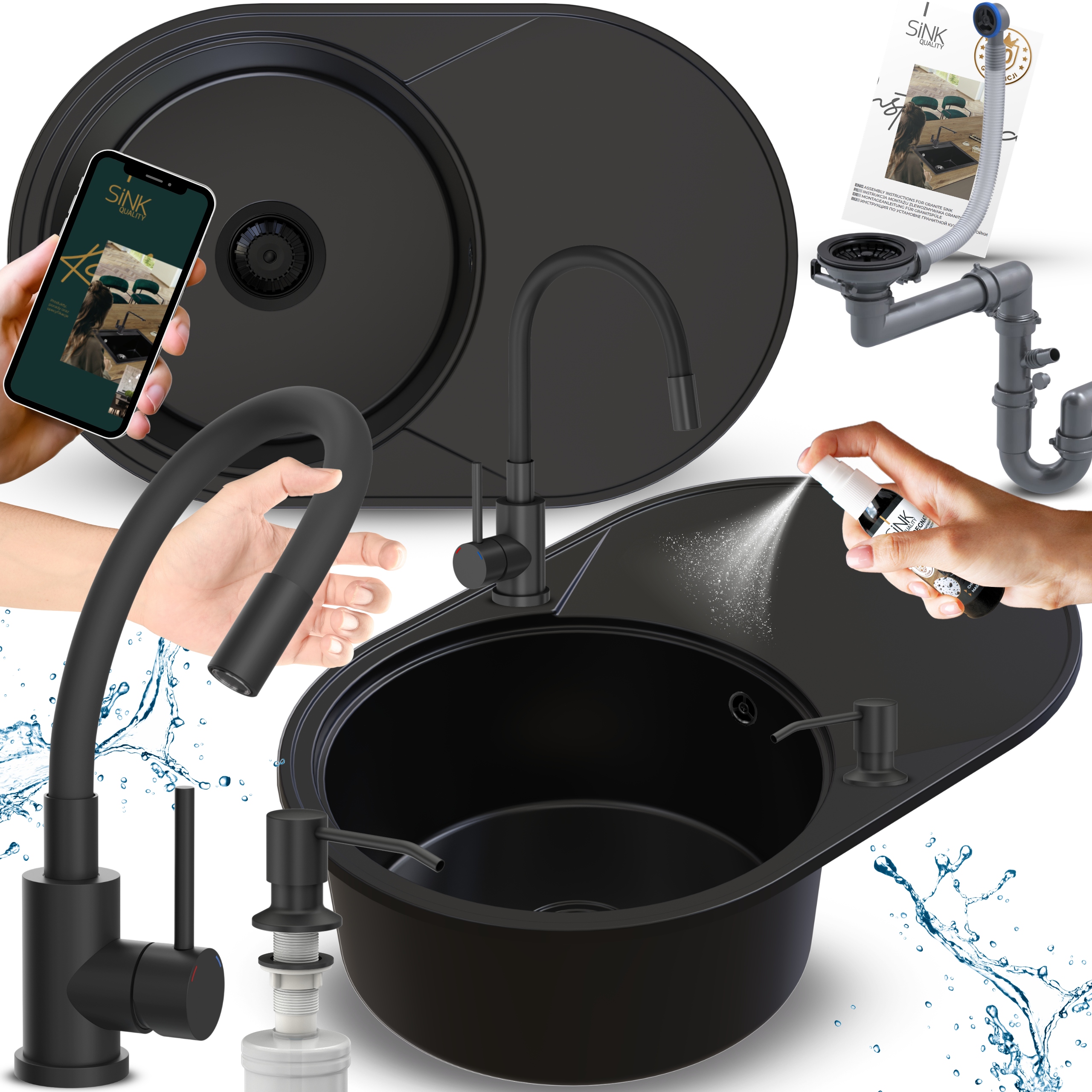 Granitový dřez Jednokomorový s odkapávačem Černý oválný S Baterií