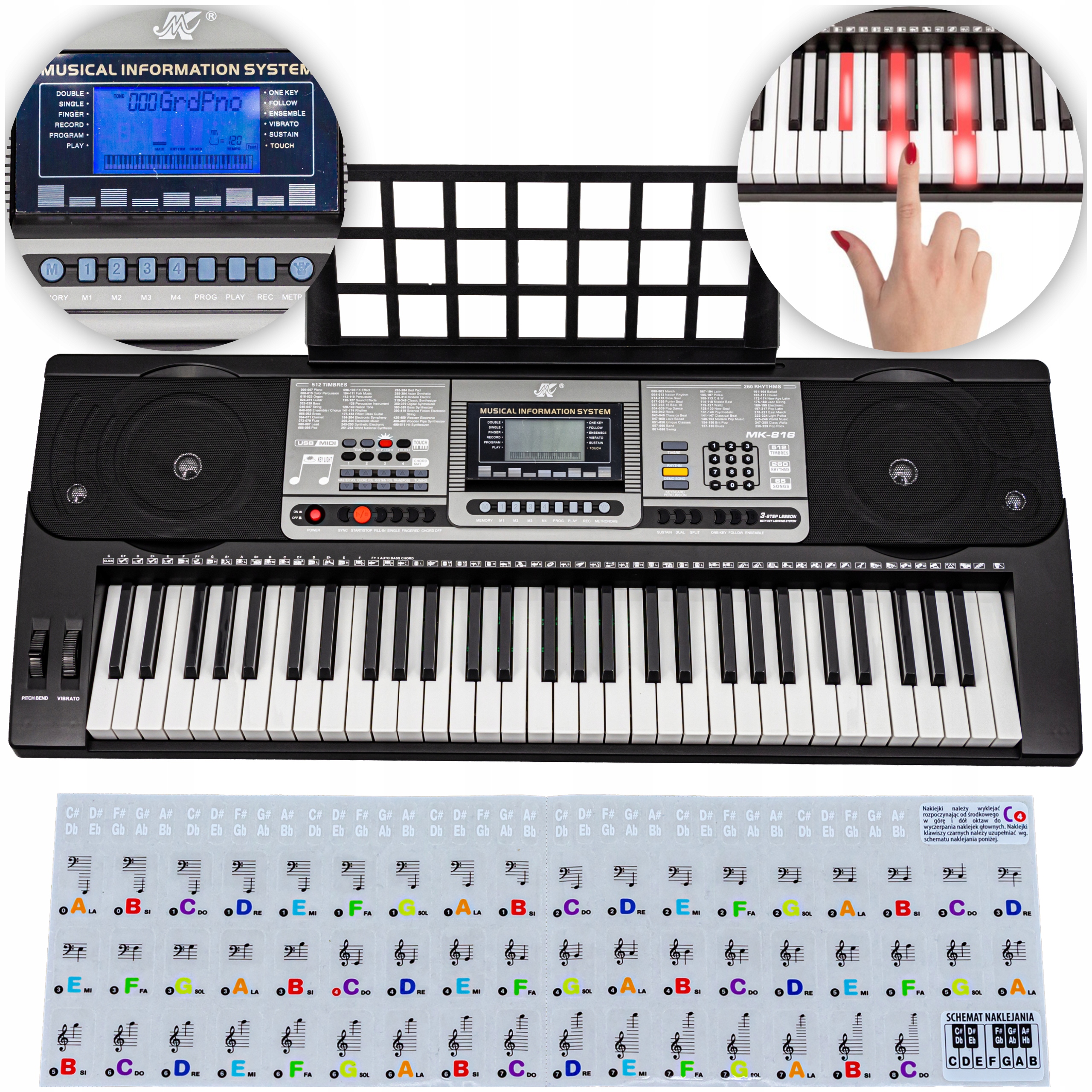 Keyboard Pianino z Podświetlanymi Klawiszami Naklejki na Klawisze Port Midi
