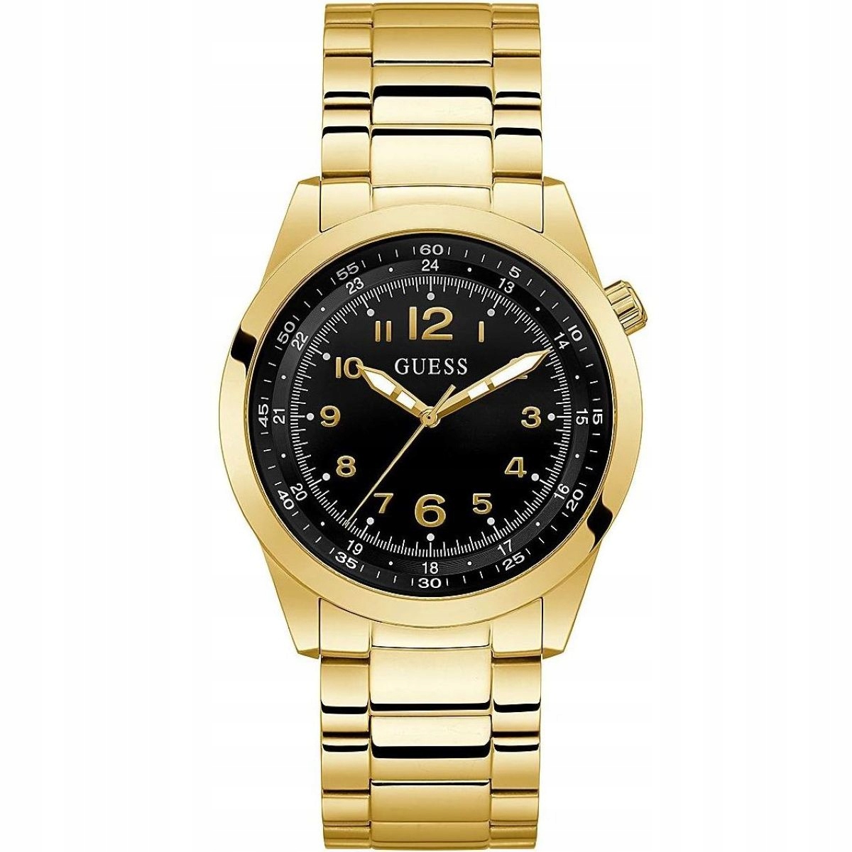 Zlaté hodinky Guess Max s černým ciferníkem a zlatým náramkem GW0493G2