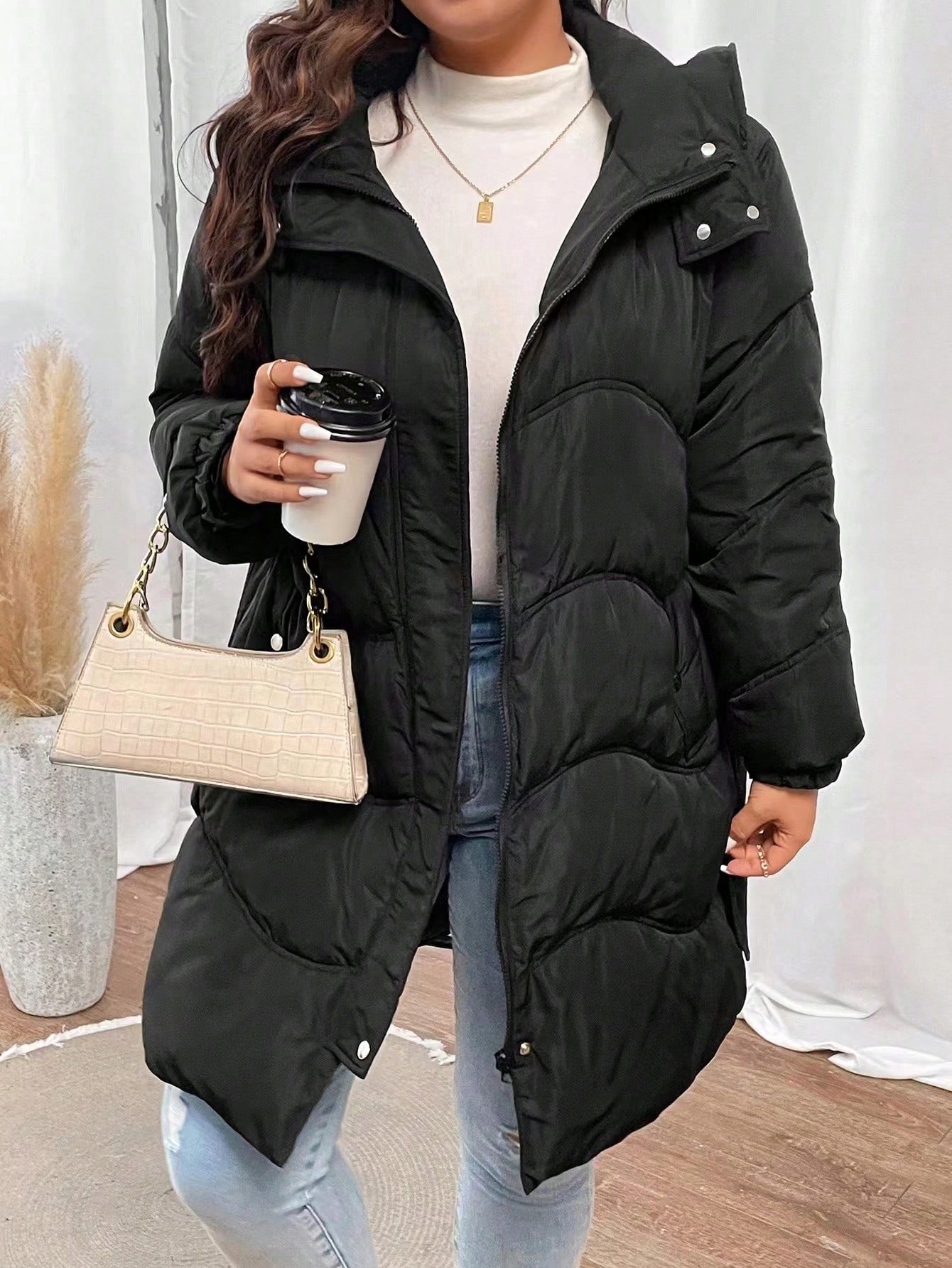 Dámská Prošívaná Péřová Bunda Ke Kolenům S Páskem Černá Shein 3XL