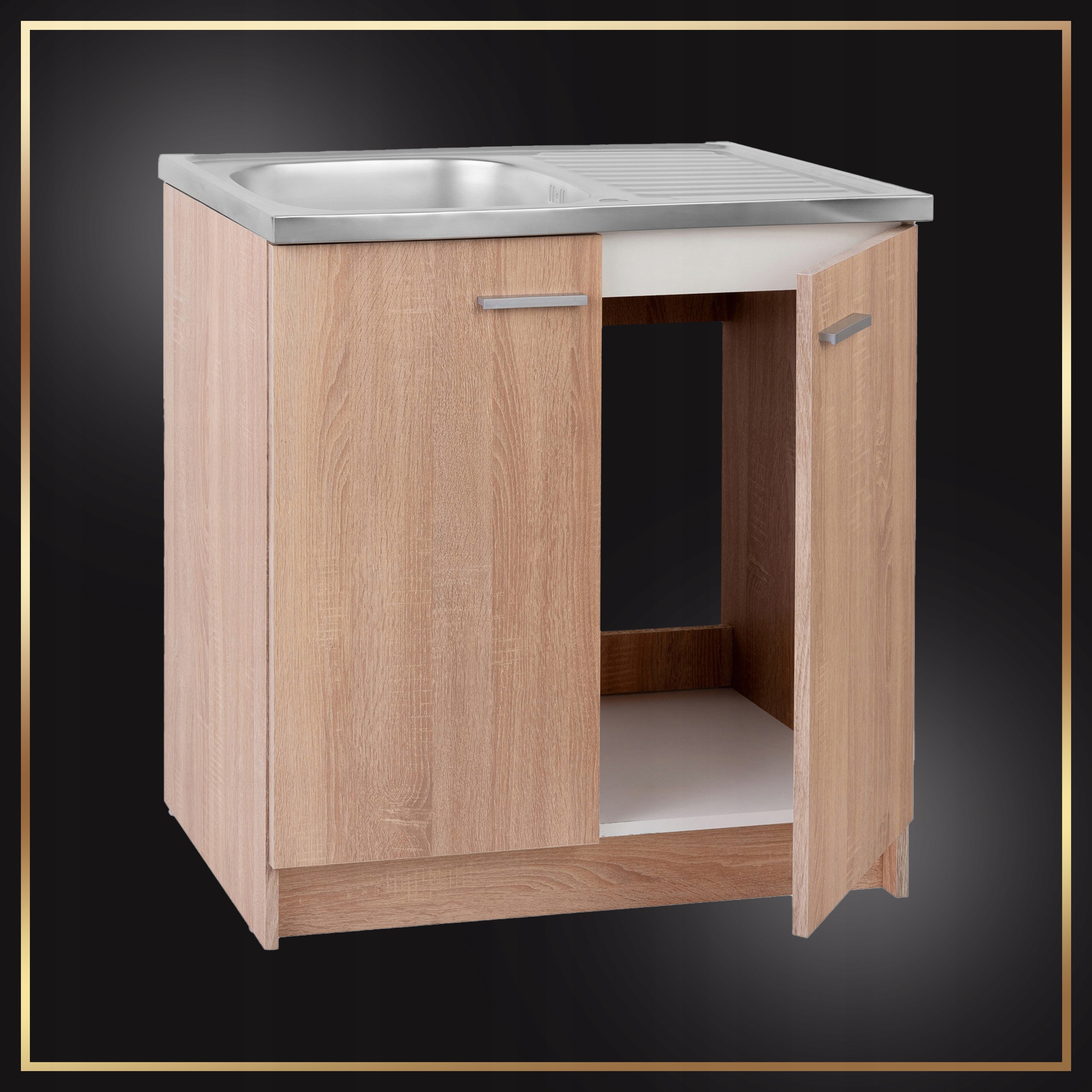 Szafka Kuchenna Dąb Sonoma 80 cm + Zlew + Bateria Obrotowa Chrom + Syfon Marka Stamar