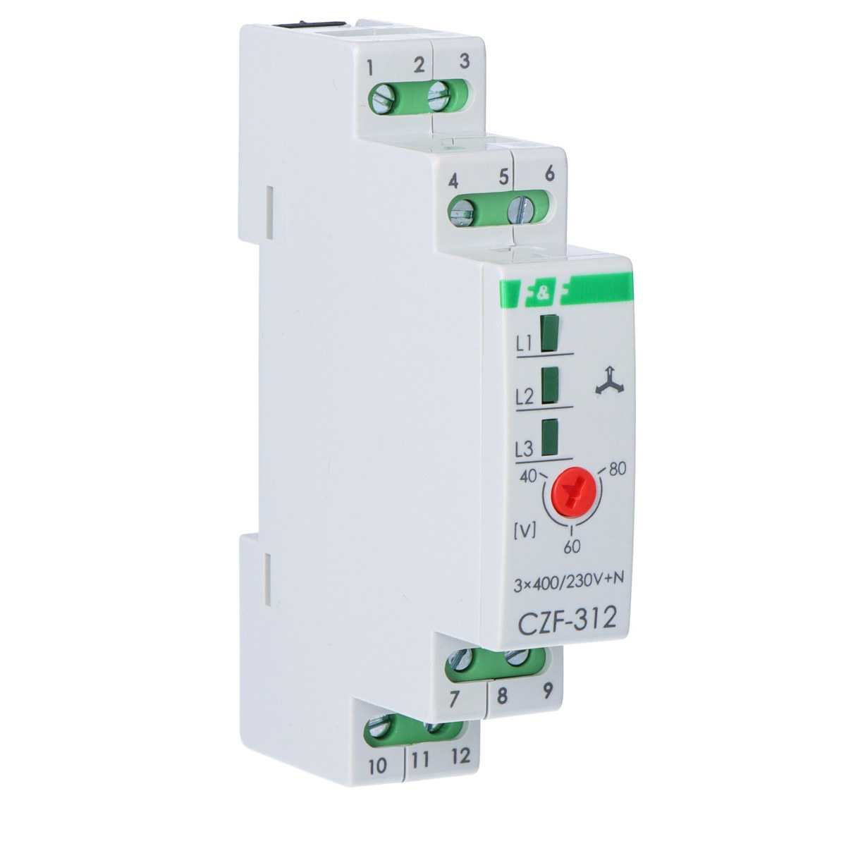 Snímač atrofie a asymetrie fází CZF-312 Un=3x400V+N Io<2x5A montáž na kolejnici