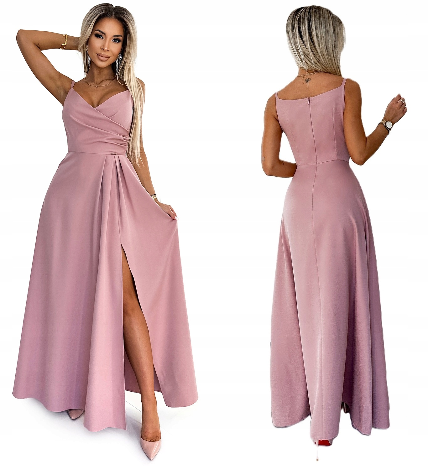 Elegantní Dlouhá Sukně S Ramínky, Velký Výstřih Na Boku, Starorůžová L