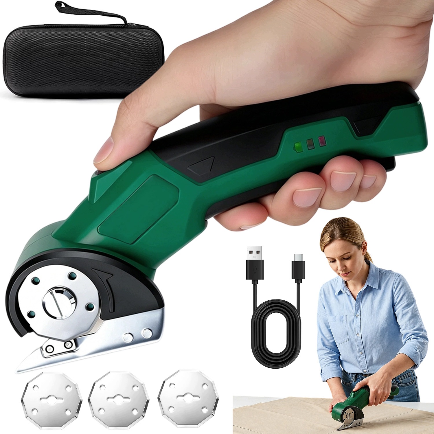 Elektrické Nůžky Na Textil Bezdrátové Otočné Tiché S Kufrem Led