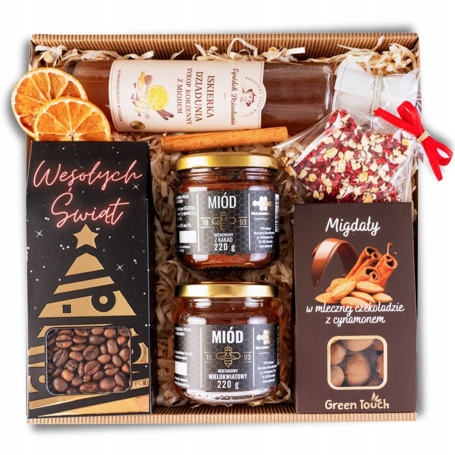 Vánoční dárkový koš medu káva sirup čokoláda mandle se skořicí