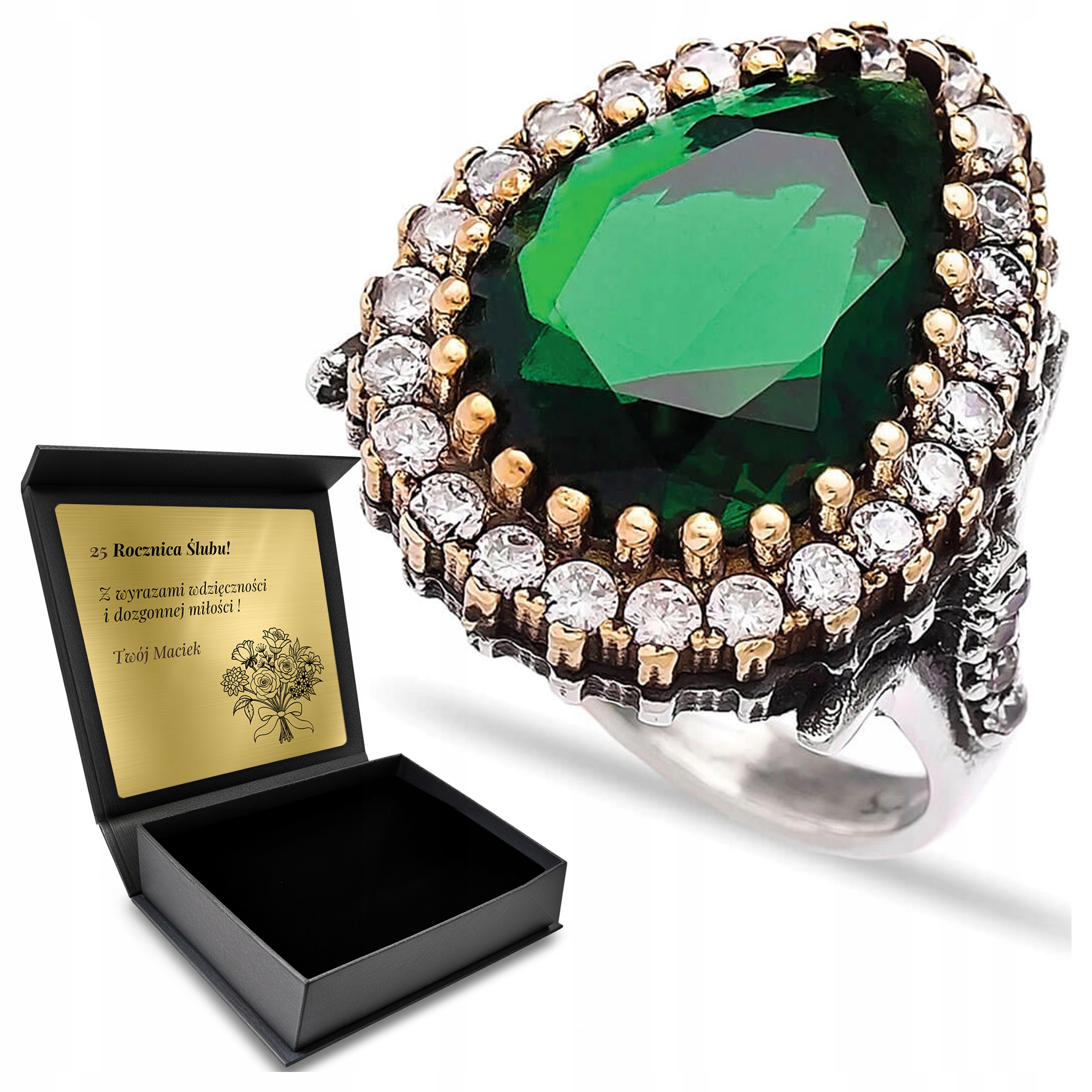 Prstýnek 925 Se Zirkony A Smaragdem, Krásný Gravírování Bonus