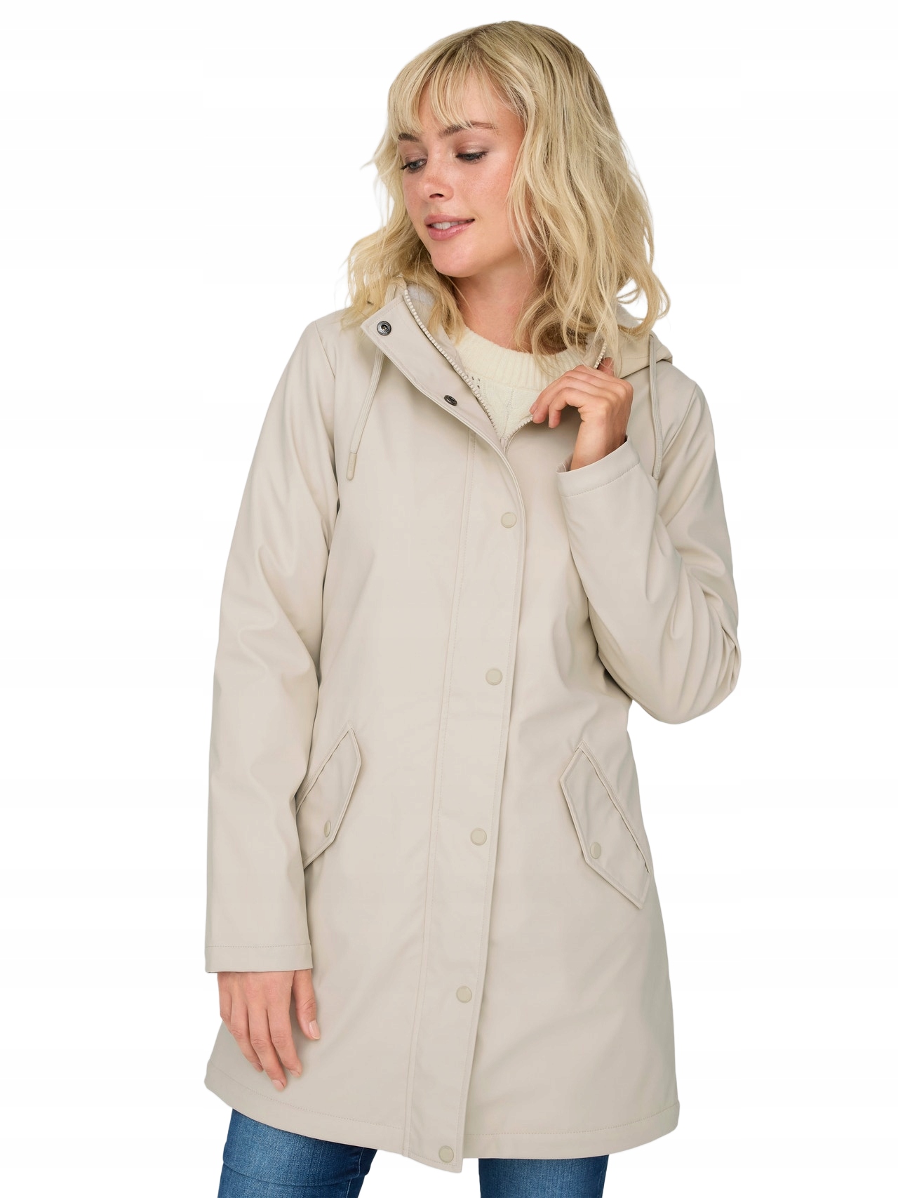 Only Krémová Bunda S Kapucí Dlouhá Až K Bokům S Kapsami S 6BA