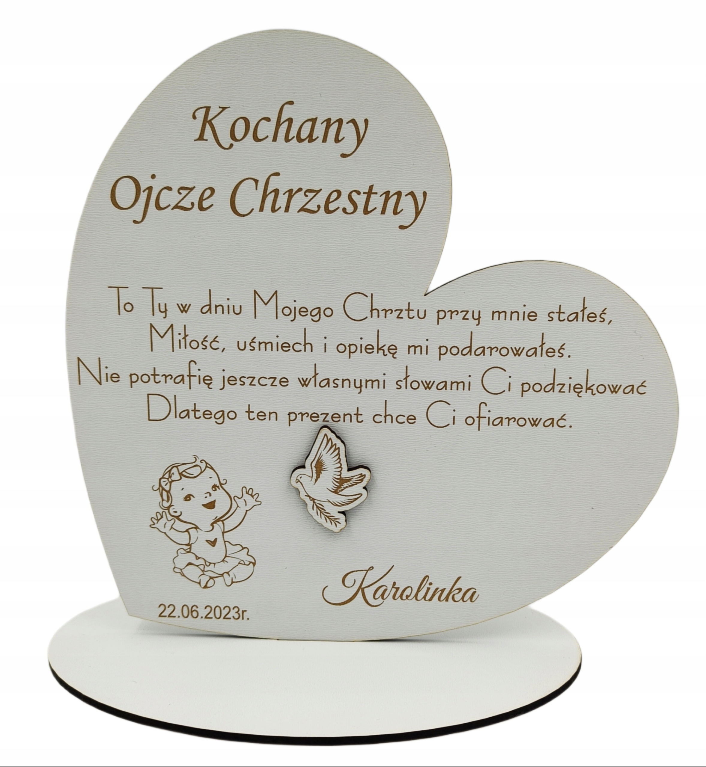 Podziękowanie dla chrzestnych, chrzest serce 3D grawer