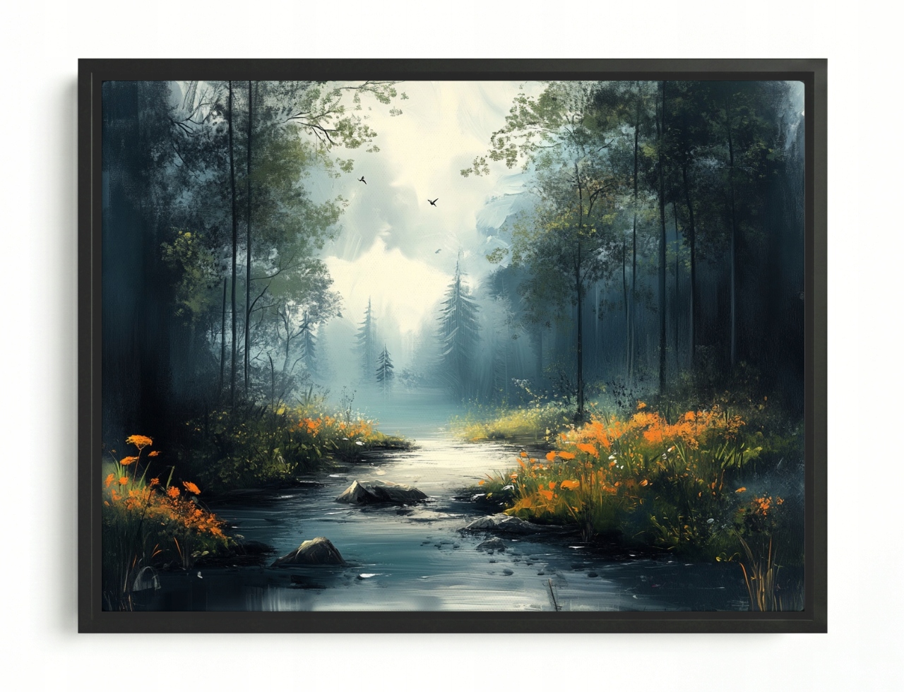 Obraz Rám Americký Box Příroda Krajina Les Řeka Potok Květiny Mlha 100x75