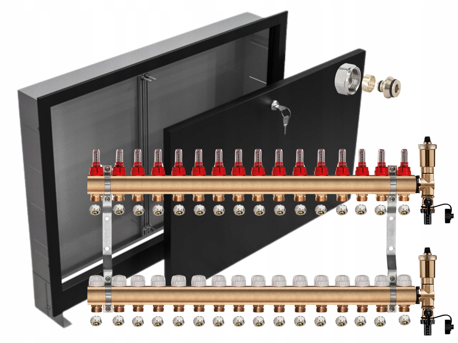 Rozdělovač Pro Podlahovku 16 Sekcí Spojky Pex Podomítková Skříňka Černá