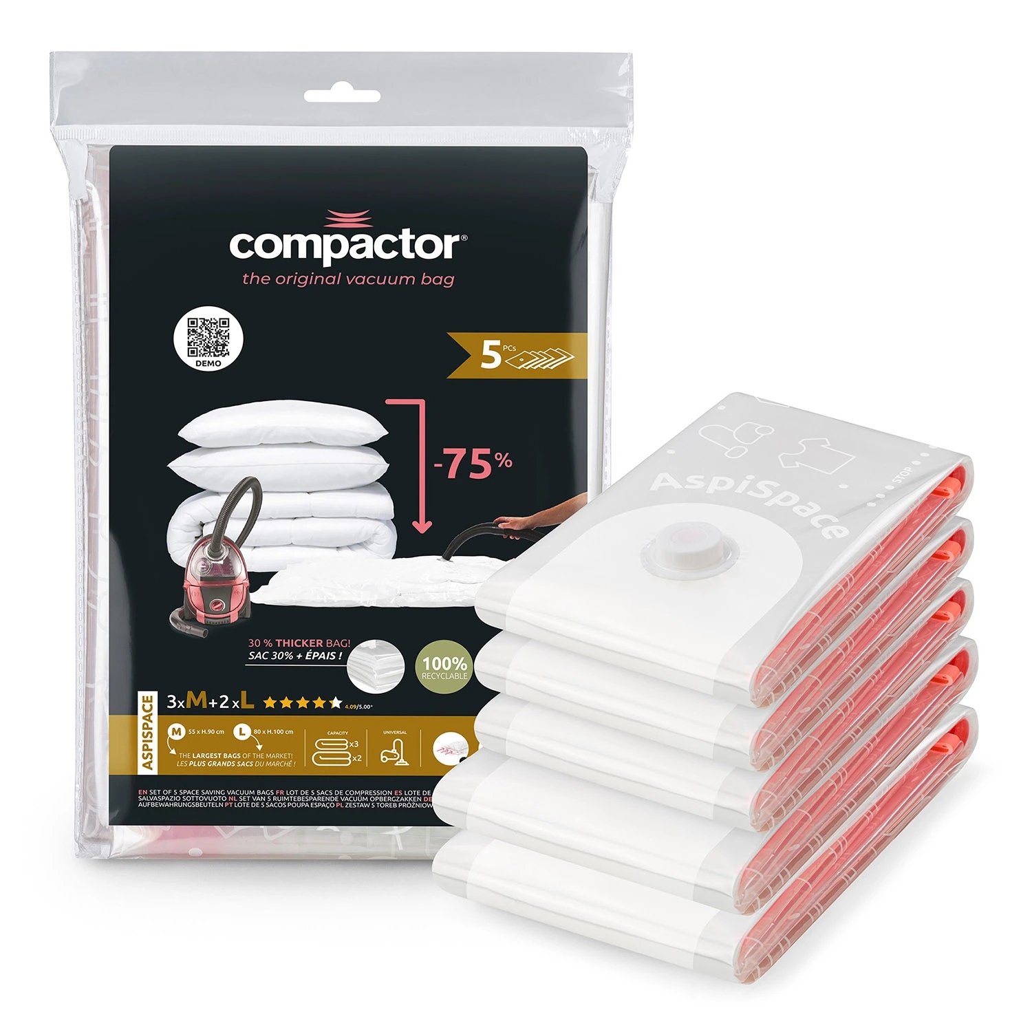 Levně Sada vakuových úložných pytlů Compactor Bag Aspispace 3x M 70 litrů 2x L