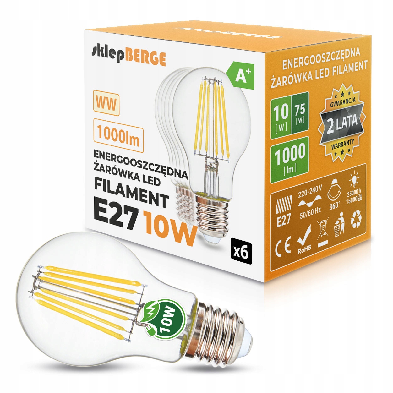 

6x Żarówka Led E27 10W filament edison ozdobna