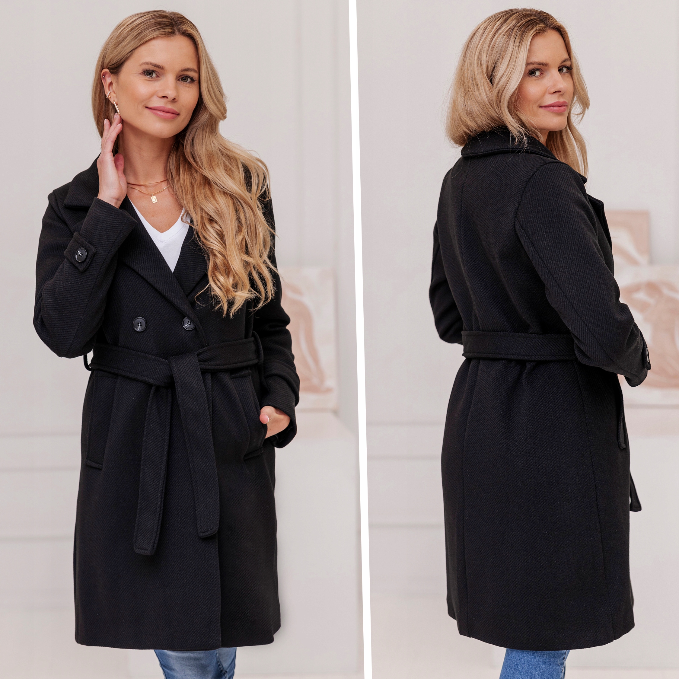 PRĄŻKOWANY PŁASZCZ Z PASKIEM PRZEJŚCIOWY JESIENNY ZIMOWY DAMSKI Z WEŁNĄ XXL Rodzaj klasyczny