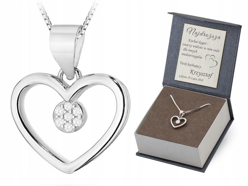 Stříbrná Sada ryzost 925 Řetízek 42 cm a Přívěsek tvaru srdce Zirkony Gravírování