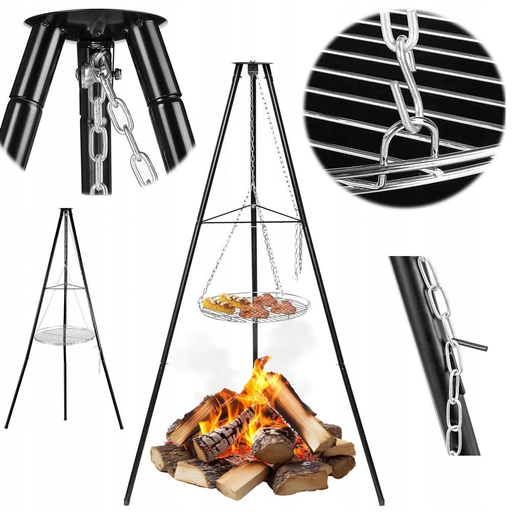 Trójnóg Ogrodowy Grill Ogniskowy Stojak I Ruszt Nierdzewny nad Ognisko